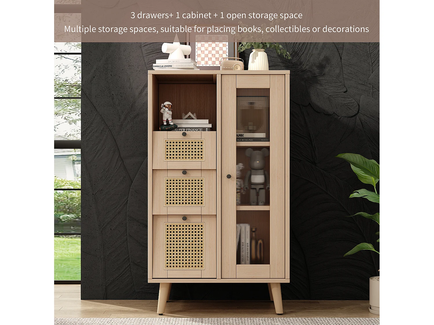 Vitrine met 1 deur en 3 laden in rotanpatroon, spaanplaat, kleur: naturel, 60 x 40 x 120 cm