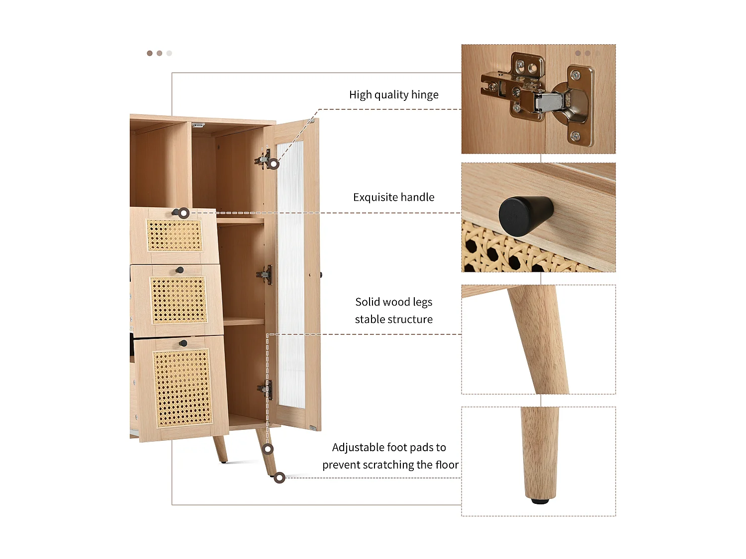 Vitrine met 1 deur en 3 laden in rotanpatroon, spaanplaat, kleur: naturel, 60 x 40 x 120 cm