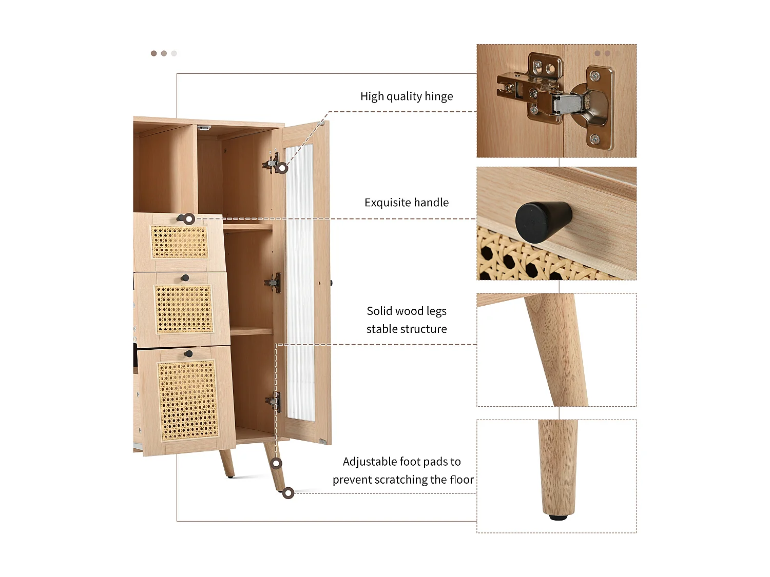Vitrine met 1 deur en 3 laden in rotanpatroon, spaanplaat, kleur: naturel, 60 x 40 x 120 cm