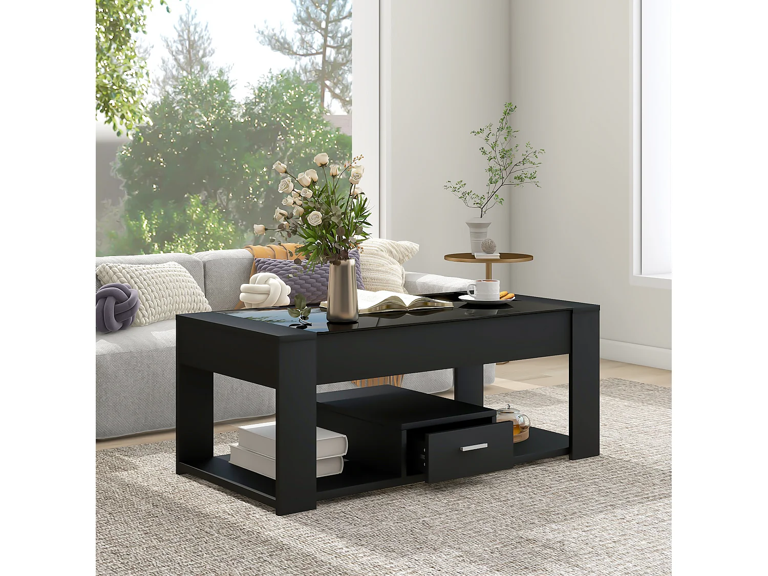 Wohnzimmer-Couchtisch mit Glasplatte, Schließfächern und Stauraum, schwarz, 100 x 50 x 40 cm