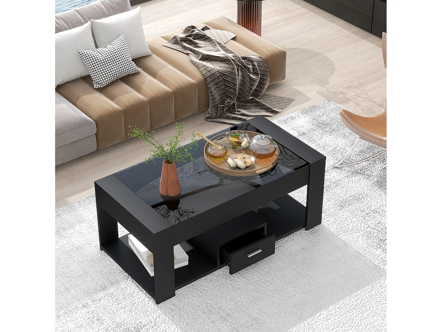 Wohnzimmer-Couchtisch mit Glasplatte, Schließfächern und Stauraum, schwarz, 100 x 50 x 40 cm