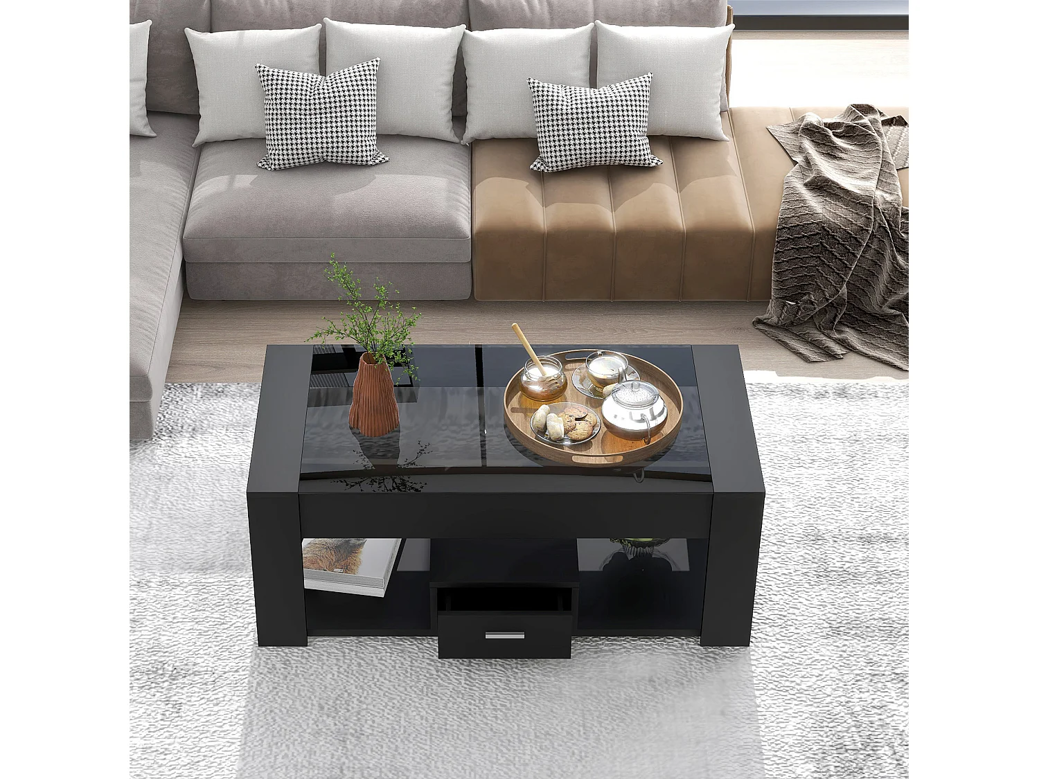 Wohnzimmer-Couchtisch mit Glasplatte, Schließfächern und Stauraum, schwarz, 100 x 50 x 40 cm