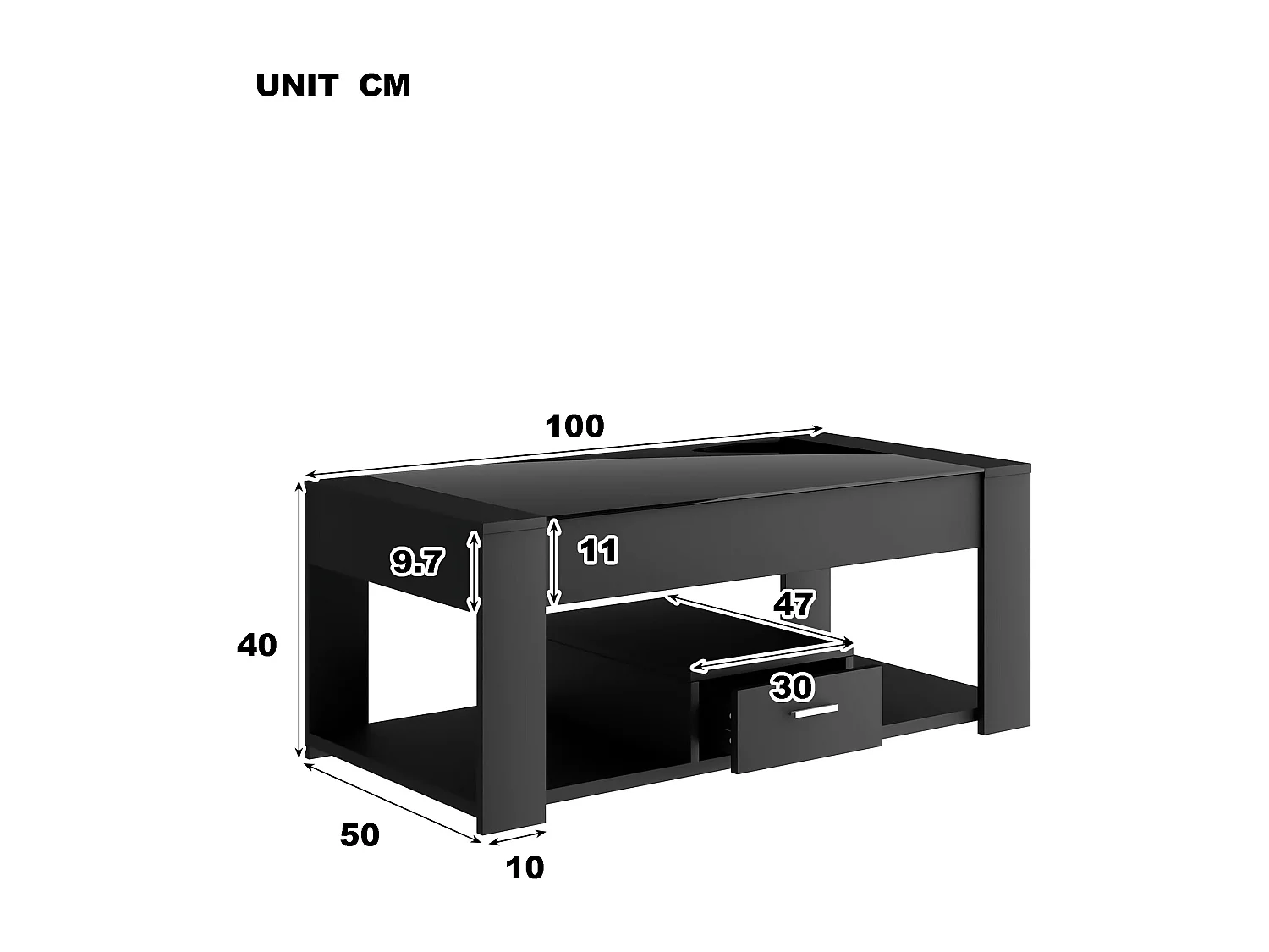 Wohnzimmer-Couchtisch mit Glasplatte, Schließfächern und Stauraum, schwarz, 100 x 50 x 40 cm