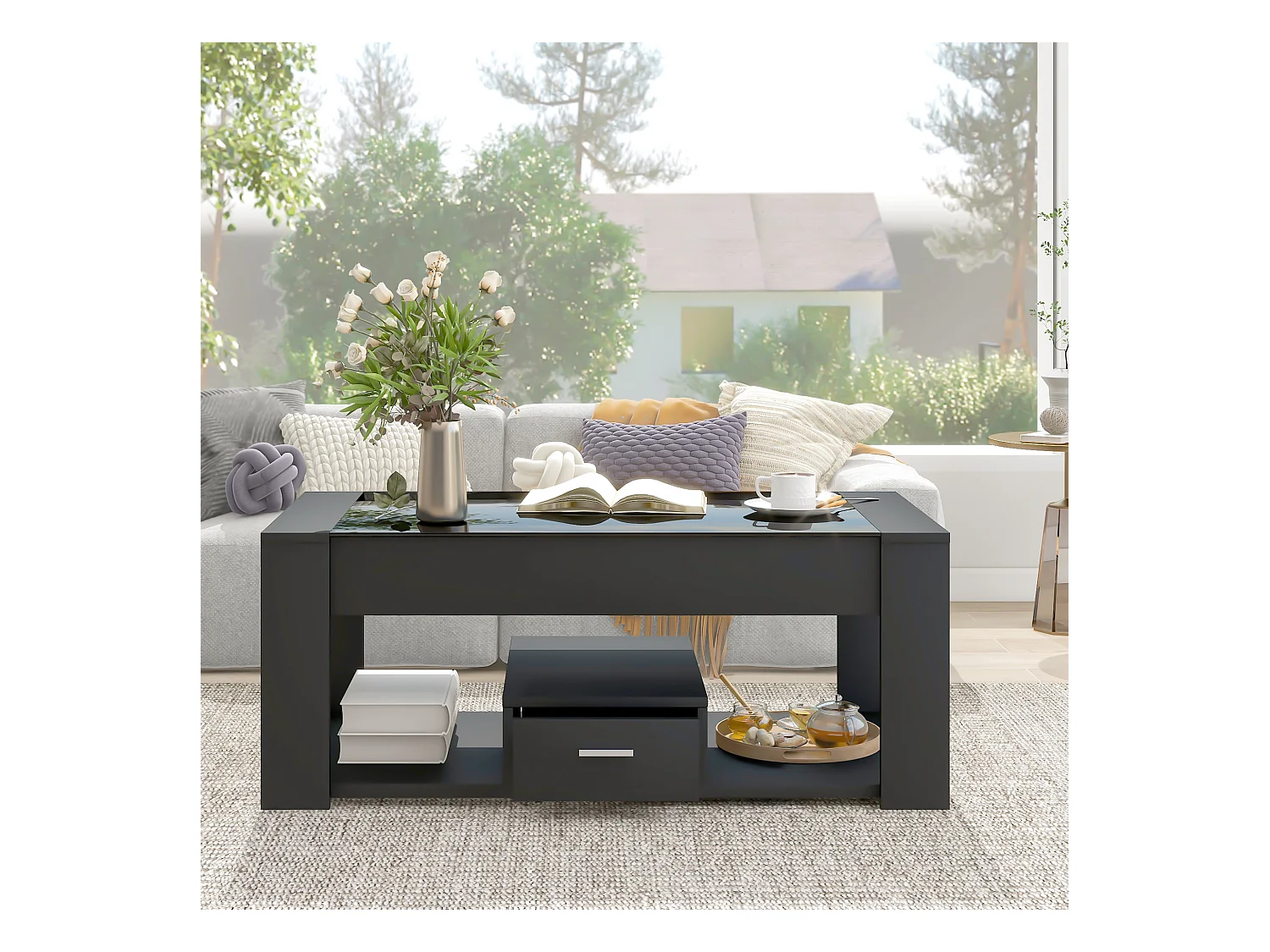 Woonkamersalontafel met glazen blad, kluisjes en opbergruimte, zwart, 100 x 50 x 40 cm