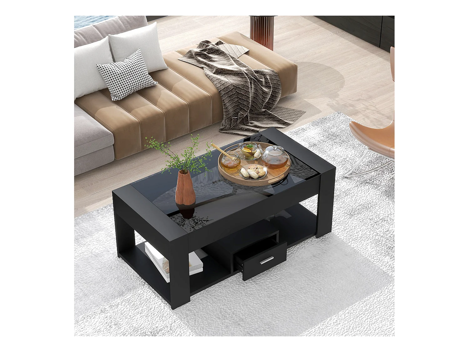 Woonkamersalontafel met glazen blad, kluisjes en opbergruimte, zwart, 100 x 50 x 40 cm