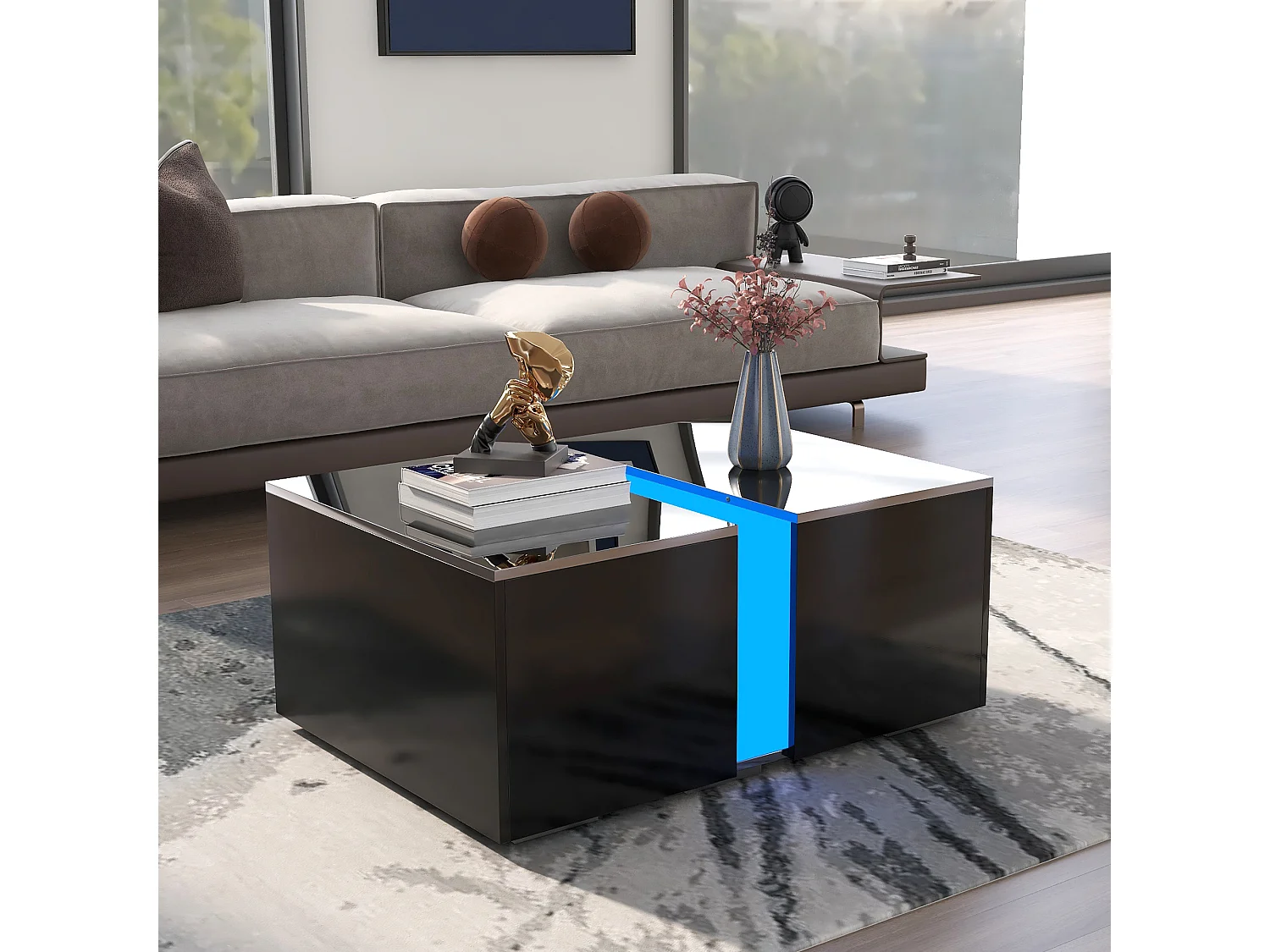 Tavolino moderno scorrevole con finitura lucida, LED, pannelli di particelle di legno, nero, 73 x 60 x 34 cm