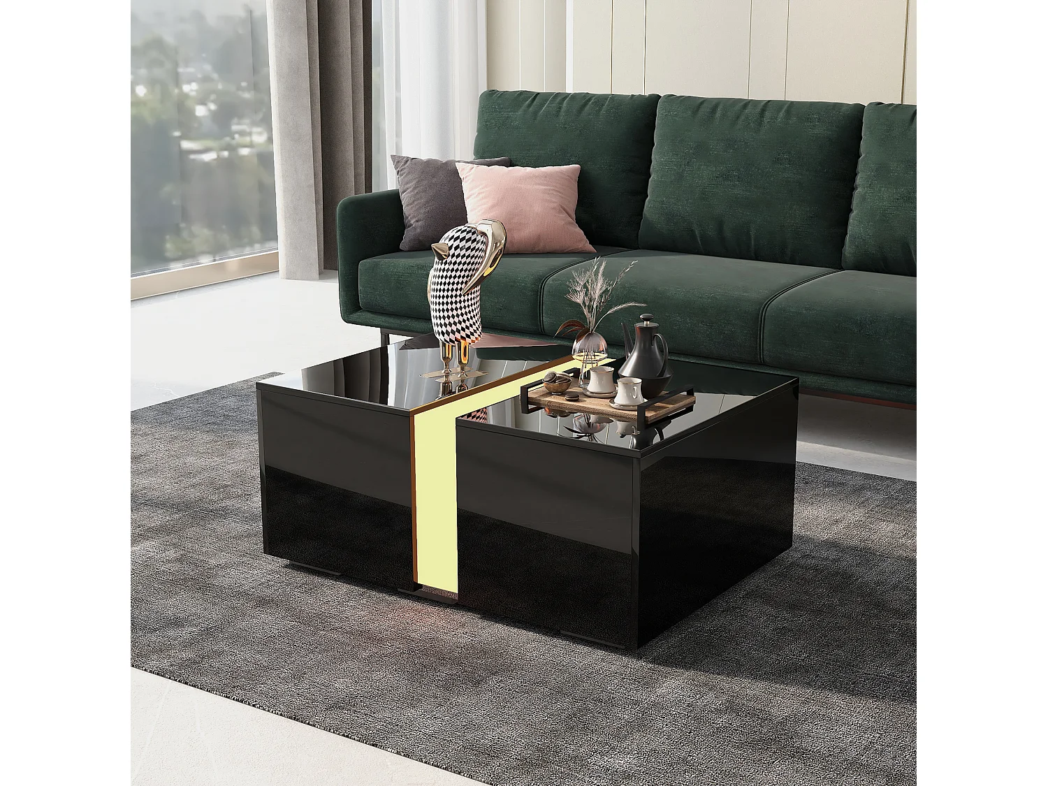 Tavolino moderno scorrevole con finitura lucida, LED, pannelli di particelle di legno, nero, 73 x 60 x 34 cm