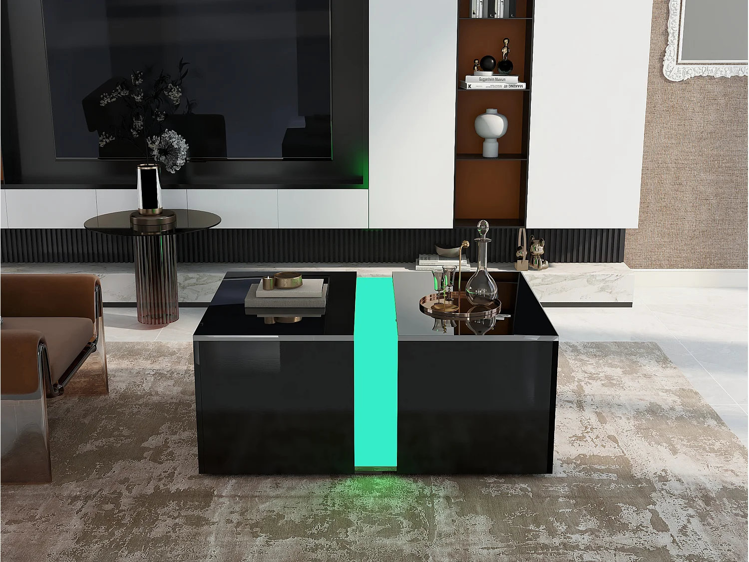 Tavolino moderno scorrevole con finitura lucida, LED, pannelli di particelle di legno, nero, 73 x 60 x 34 cm