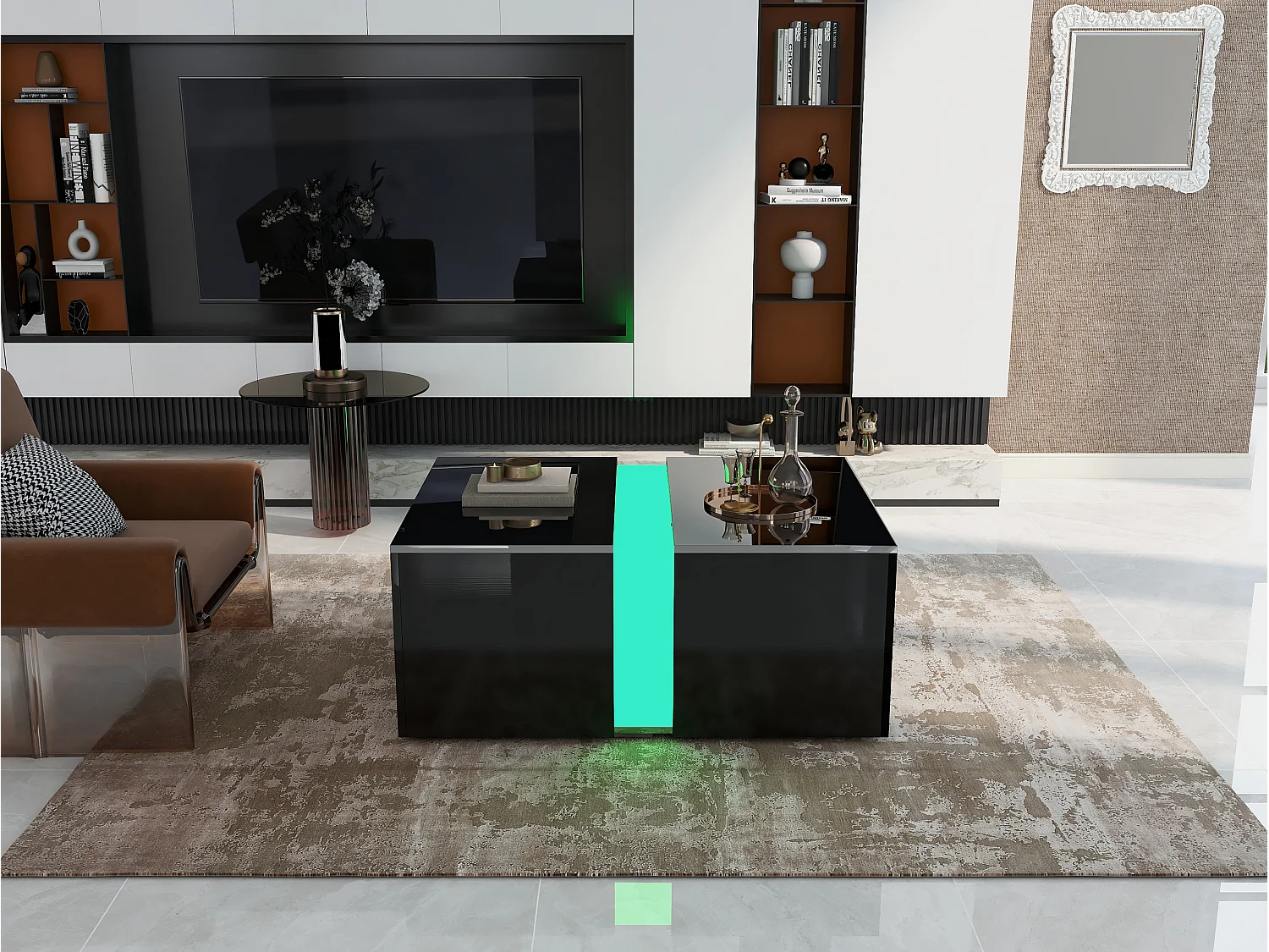 Tavolino moderno scorrevole con finitura lucida, LED, pannelli di particelle di legno, nero, 73 x 60 x 34 cm