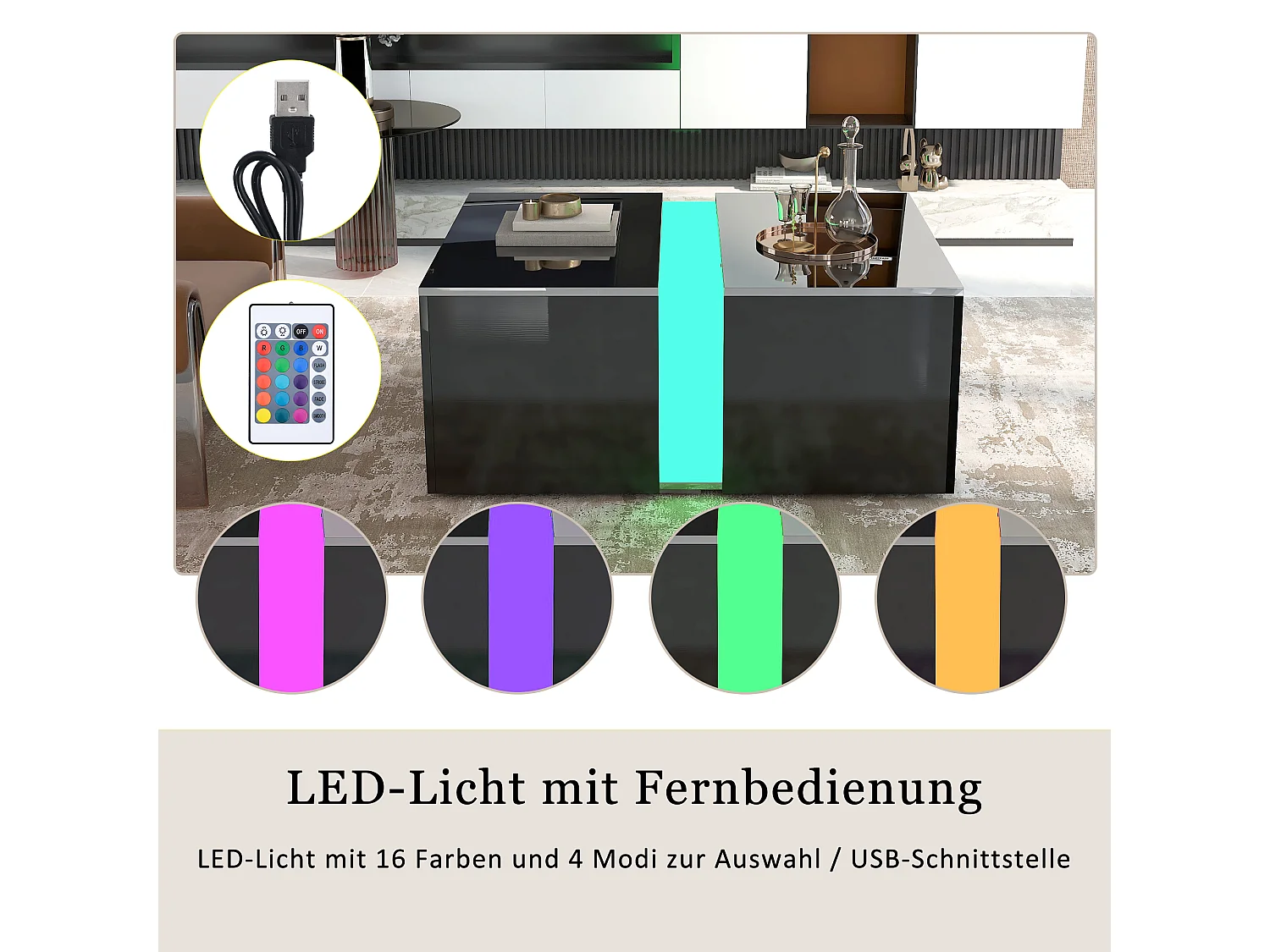 Tavolino moderno scorrevole con finitura lucida, LED, pannelli di particelle di legno, nero, 73 x 60 x 34 cm