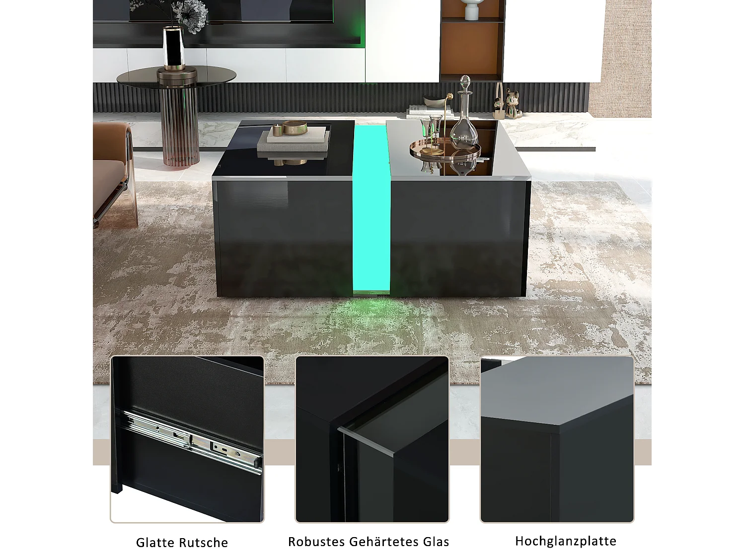 Tavolino moderno scorrevole con finitura lucida, LED, pannelli di particelle di legno, nero, 73 x 60 x 34 cm
