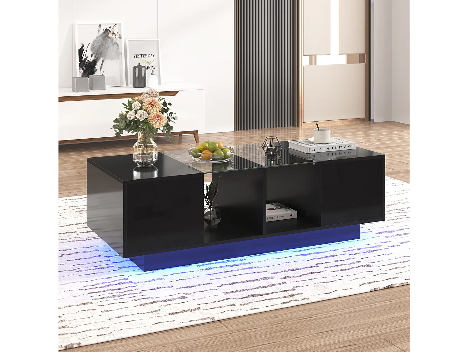 Table basse haute brillance avec 2 portes, étagère en verre, LEDs, bois panneau de particules, noir