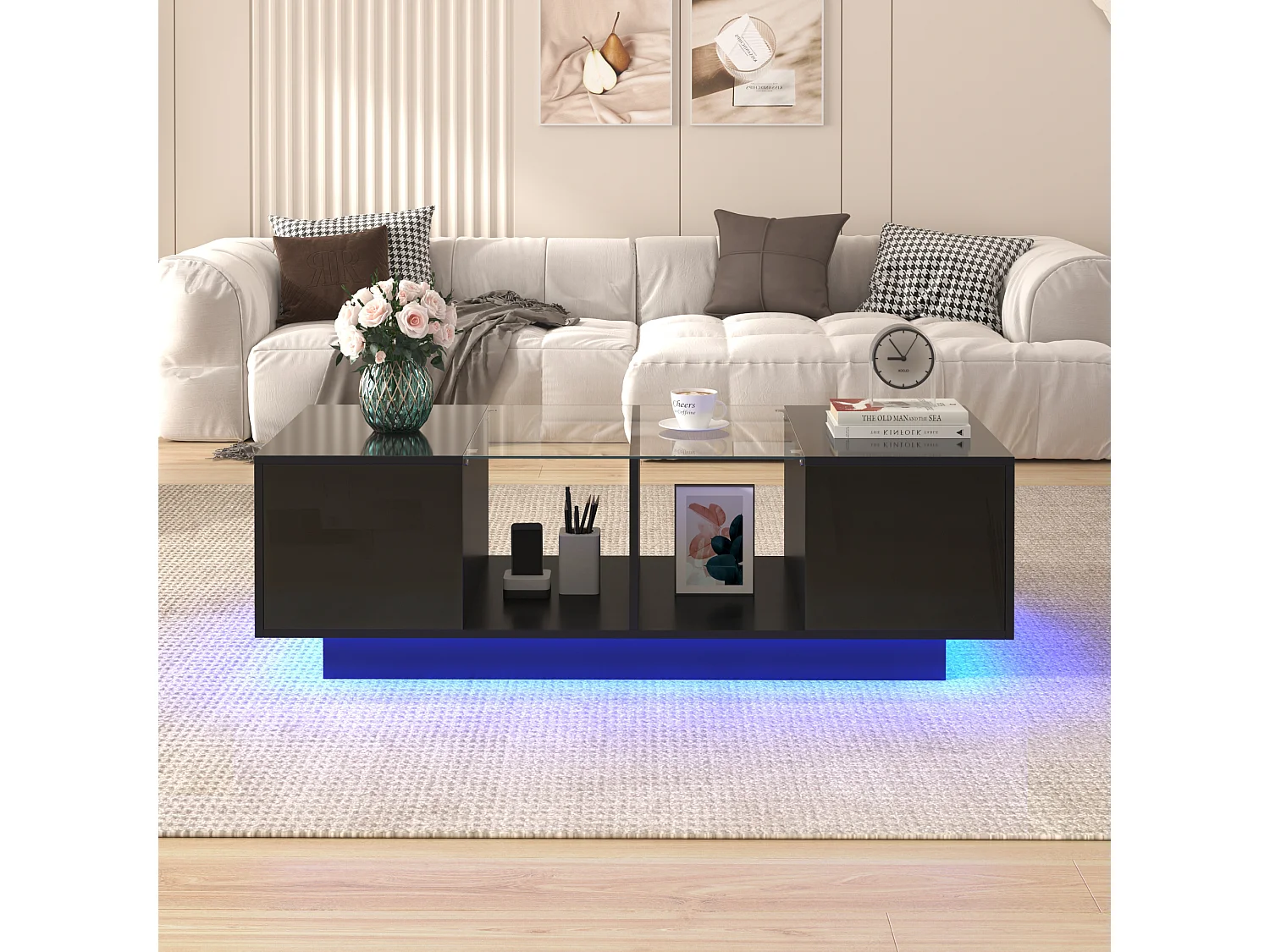 Table basse haute brillance avec 2 portes, étagère en verre, LEDs, bois panneau de particules, noir