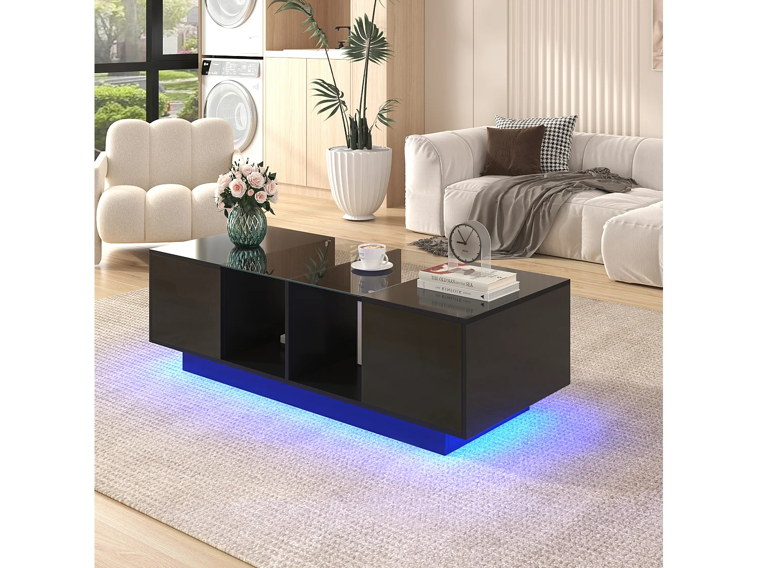Table basse haute brillance avec 2 portes, étagère en verre, LEDs, bois panneau de particules, noir