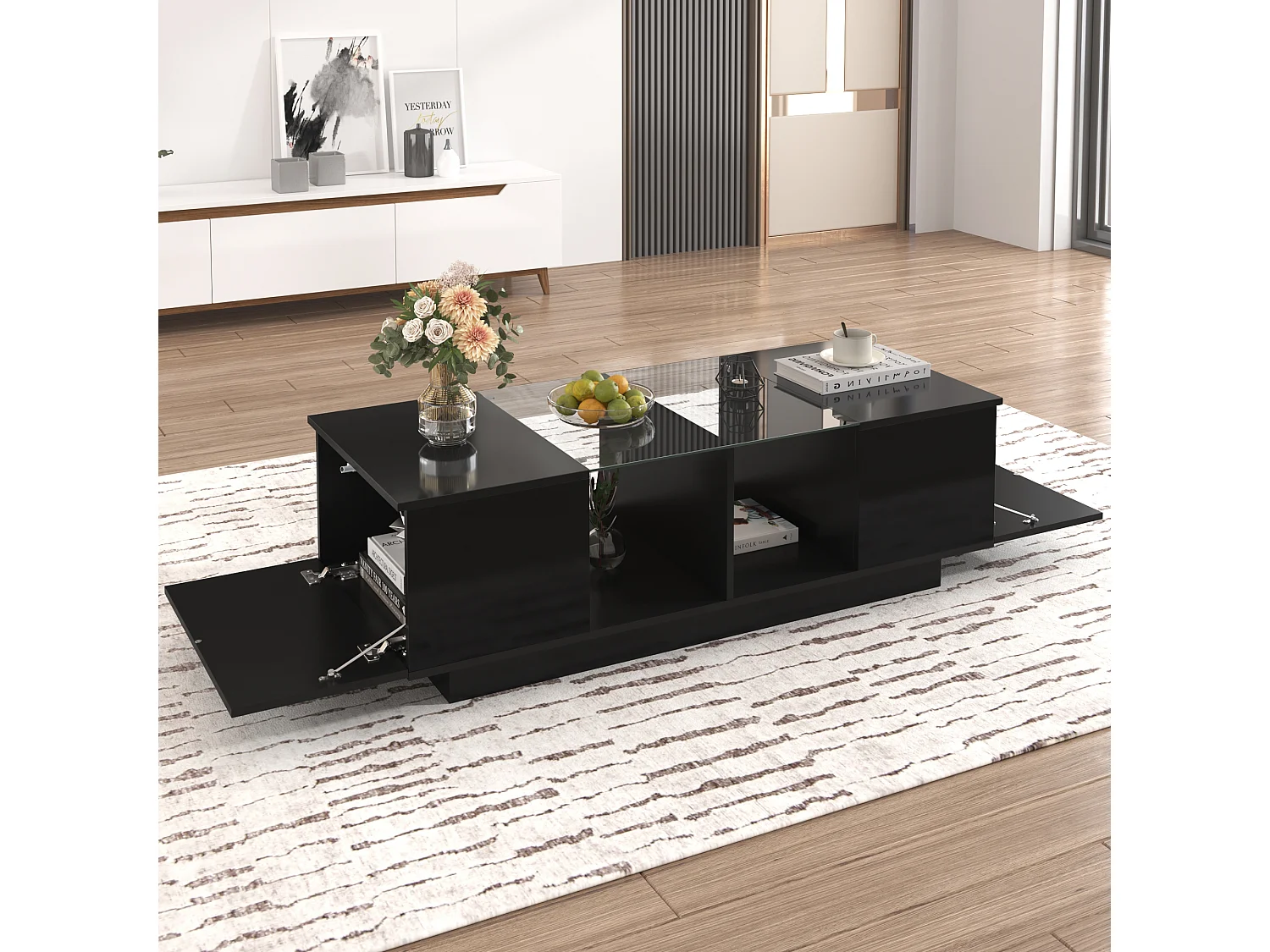 Table basse haute brillance avec 2 portes, étagère en verre, LEDs, bois panneau de particules, noir