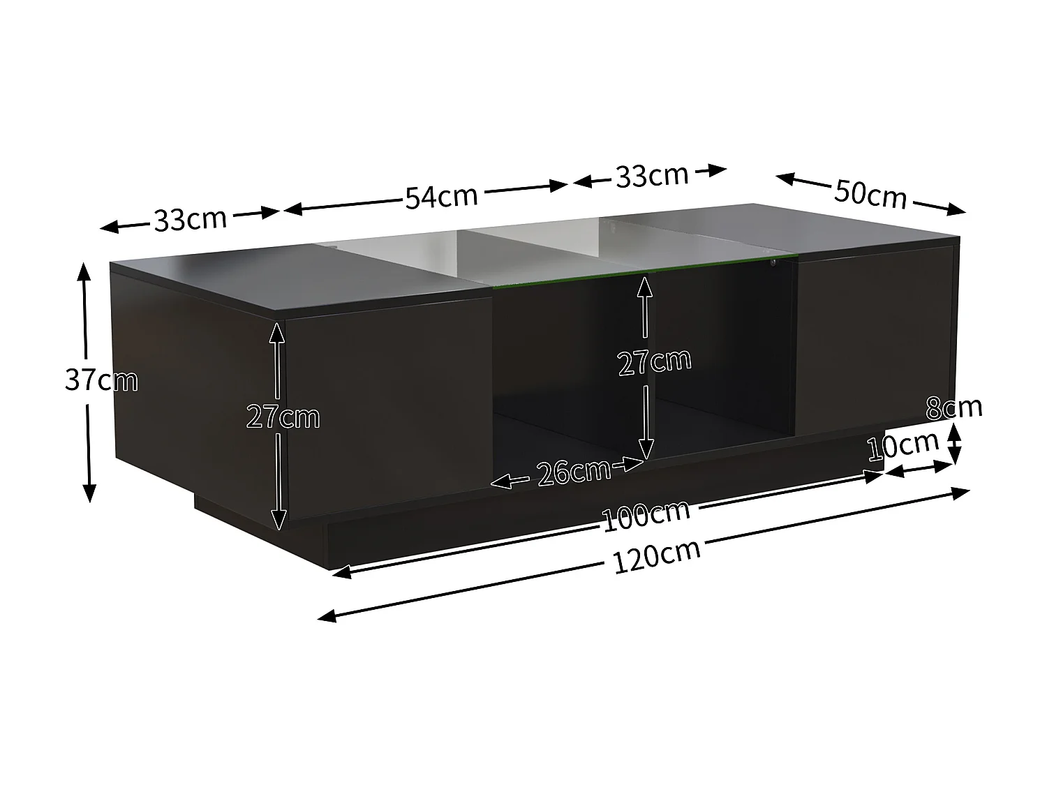 Table basse haute brillance avec 2 portes, étagère en verre, LEDs, bois panneau de particules, noir