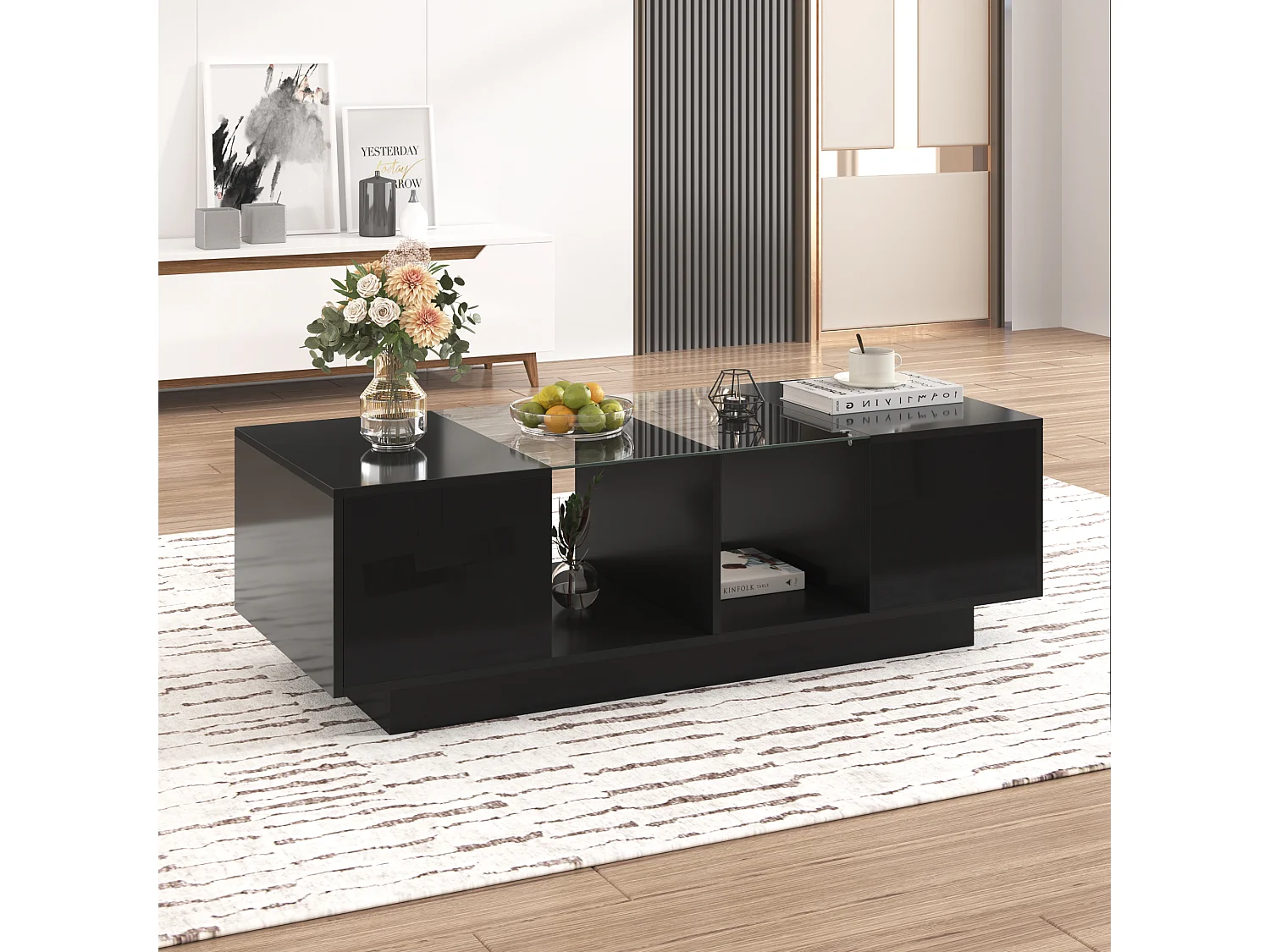 Table basse haute brillance avec 2 portes, étagère en verre, LEDs, bois panneau de particules, noir