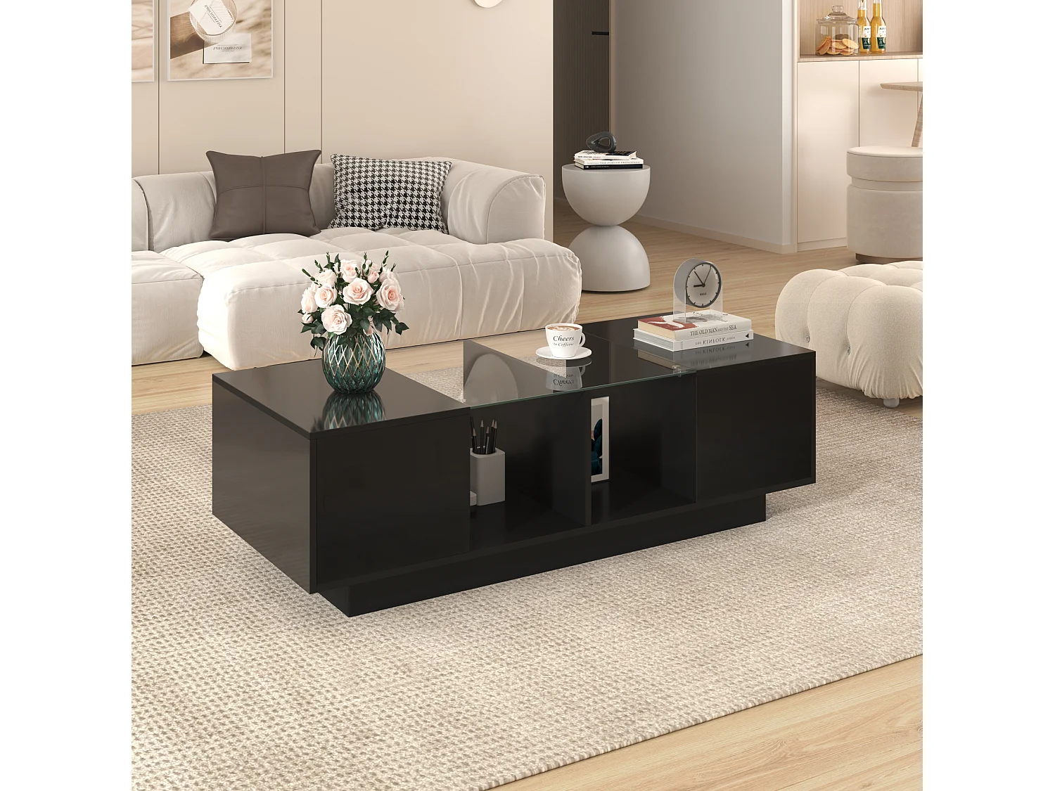Table basse haute brillance avec 2 portes, étagère en verre, LEDs, bois panneau de particules, noir