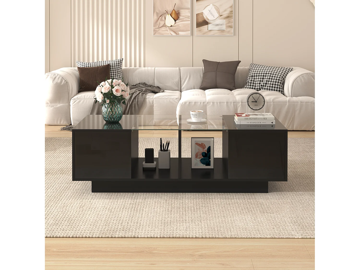 Table basse haute brillance avec 2 portes, étagère en verre, LEDs, bois panneau de particules, noir