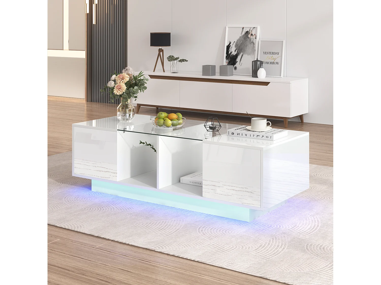 Table basse haute brillance avec 2 portes, étagère en verre, LEDs, bois panneau de particules, blanc