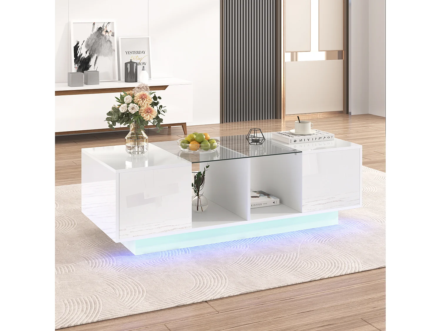 Table basse haute brillance avec 2 portes, étagère en verre, LEDs, bois panneau de particules, blanc