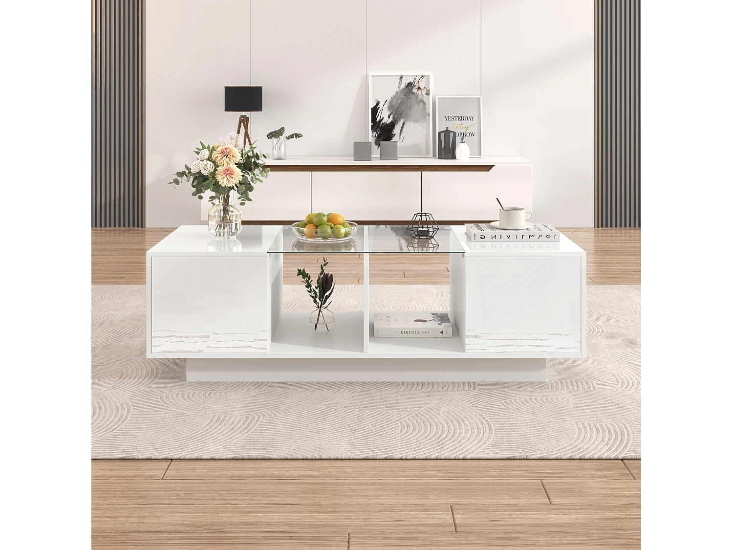 Table basse haute brillance avec 2 portes, étagère en verre, LEDs, bois panneau de particules, blanc