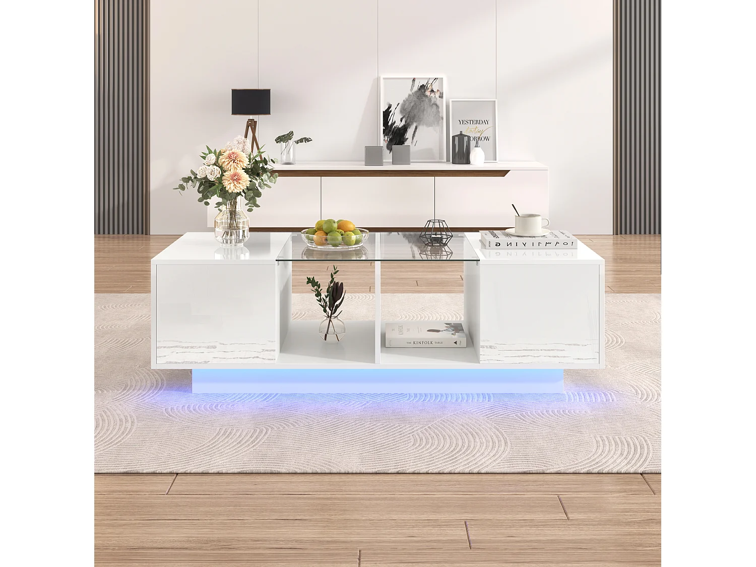 Table basse haute brillance avec 2 portes, étagère en verre, LEDs, bois panneau de particules, blanc