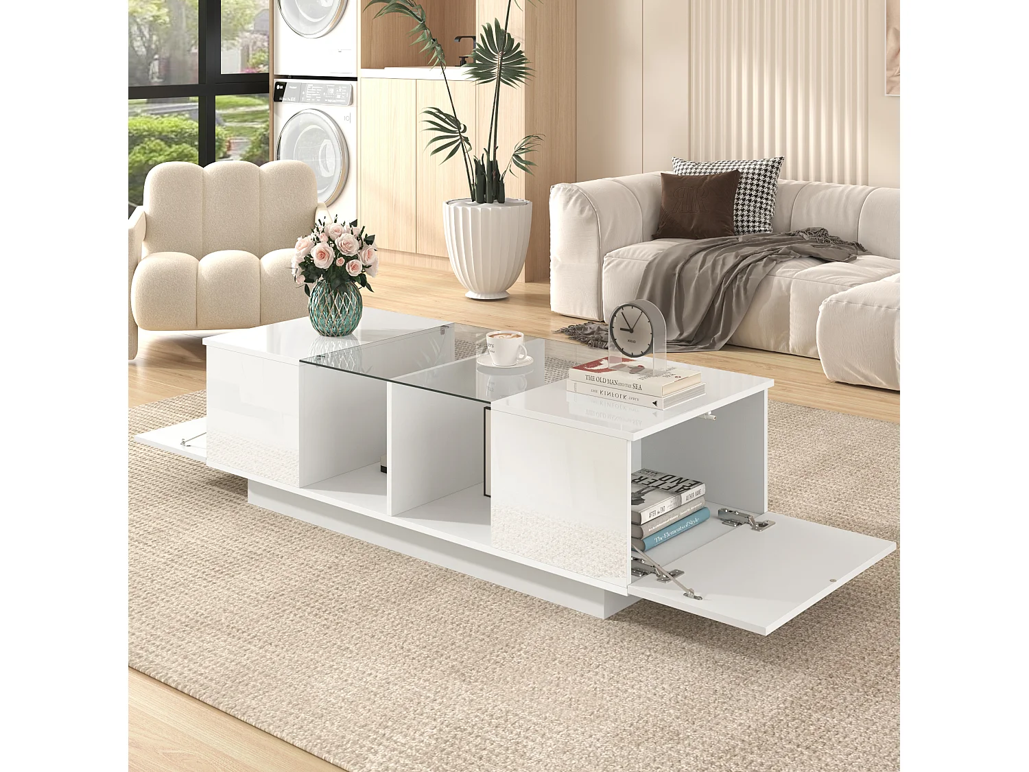 Table basse haute brillance avec 2 portes, étagère en verre, LEDs, bois panneau de particules, blanc