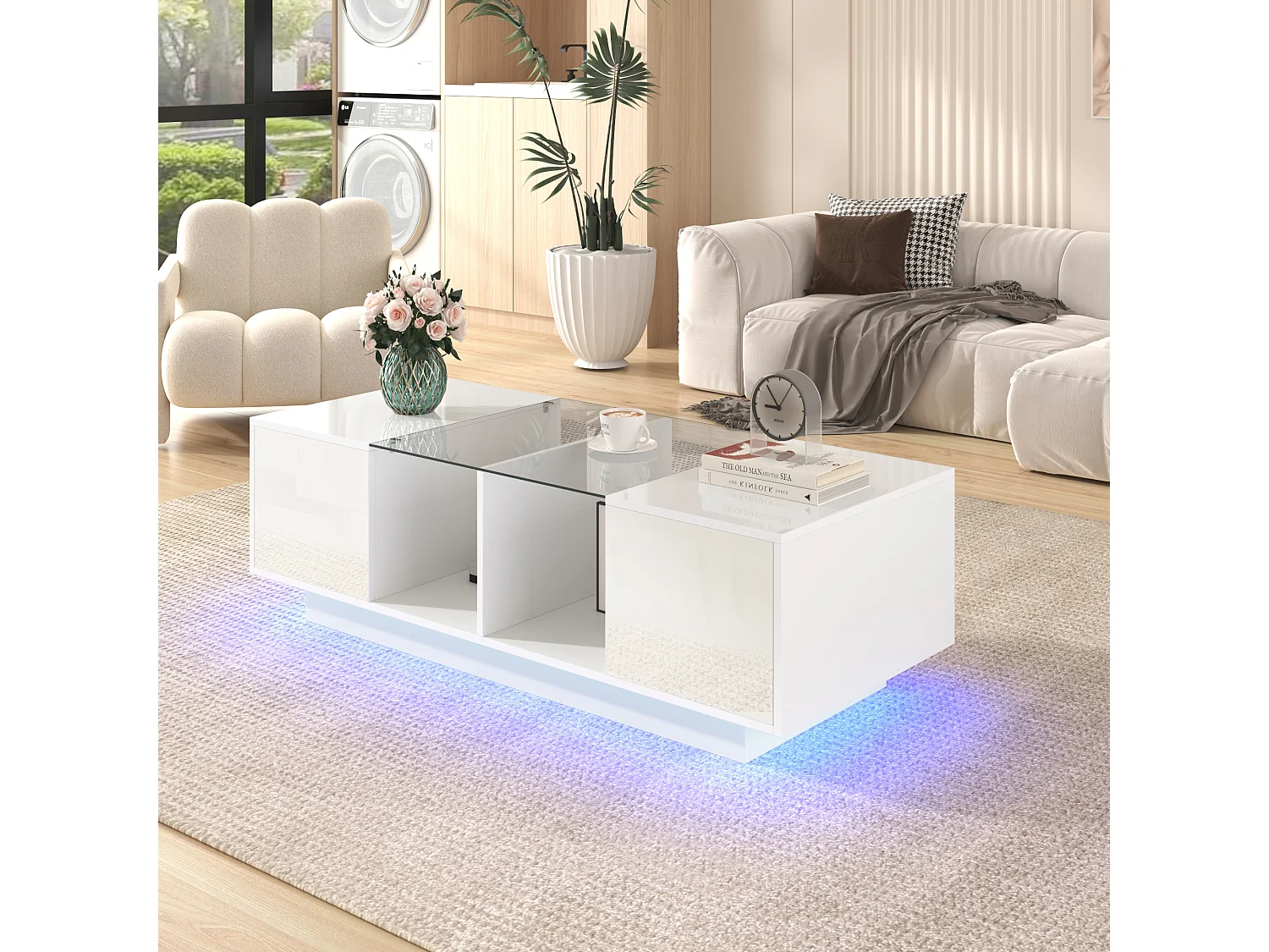 Table basse haute brillance avec 2 portes, étagère en verre, LEDs, bois panneau de particules, blanc