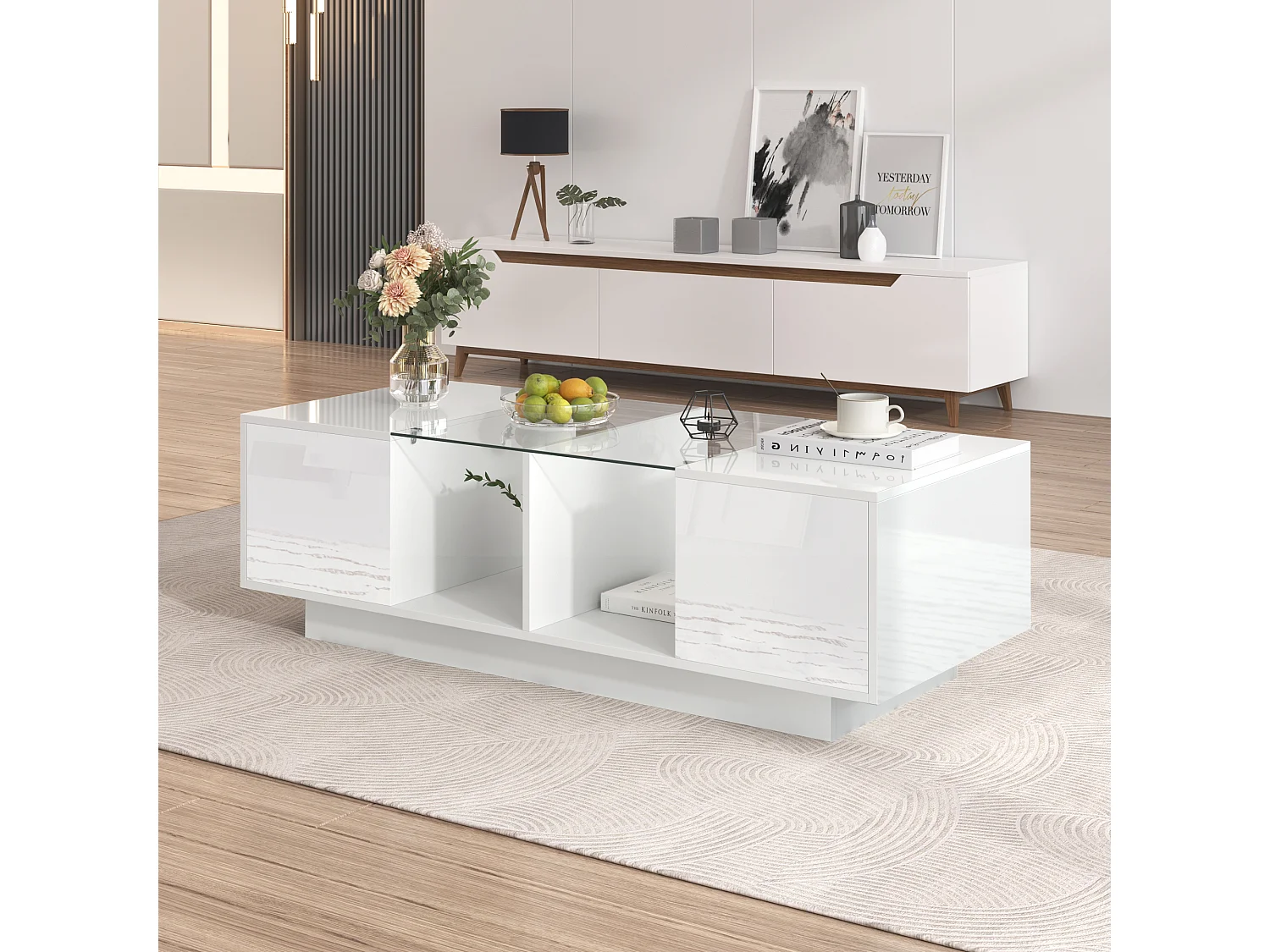 Table basse haute brillance avec 2 portes, étagère en verre, LEDs, bois panneau de particules, blanc