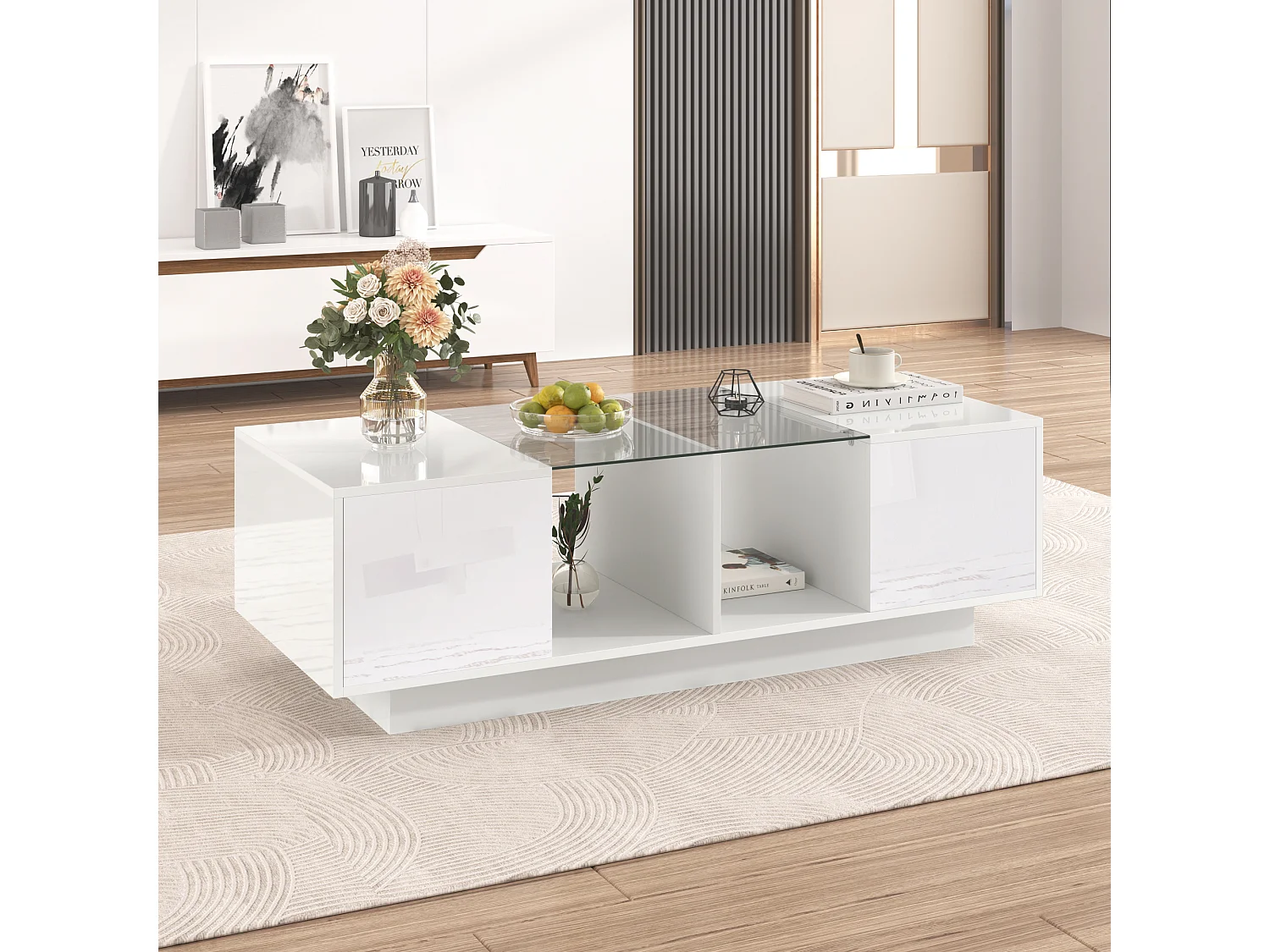 Table basse haute brillance avec 2 portes, étagère en verre, LEDs, bois panneau de particules, blanc