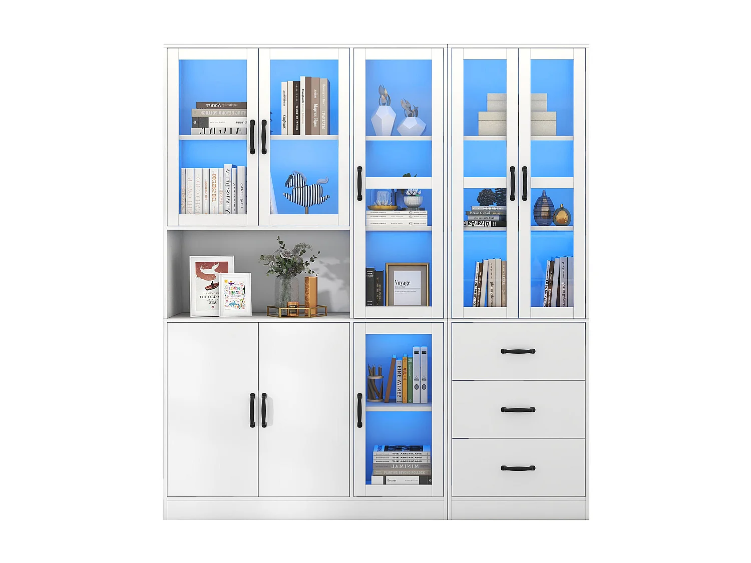 Moderne gecombineerde vitrinekast met 8 deuren en 3 laden - LED's - MDF hout - wit gelakt - 180 x 40 x 200 cm