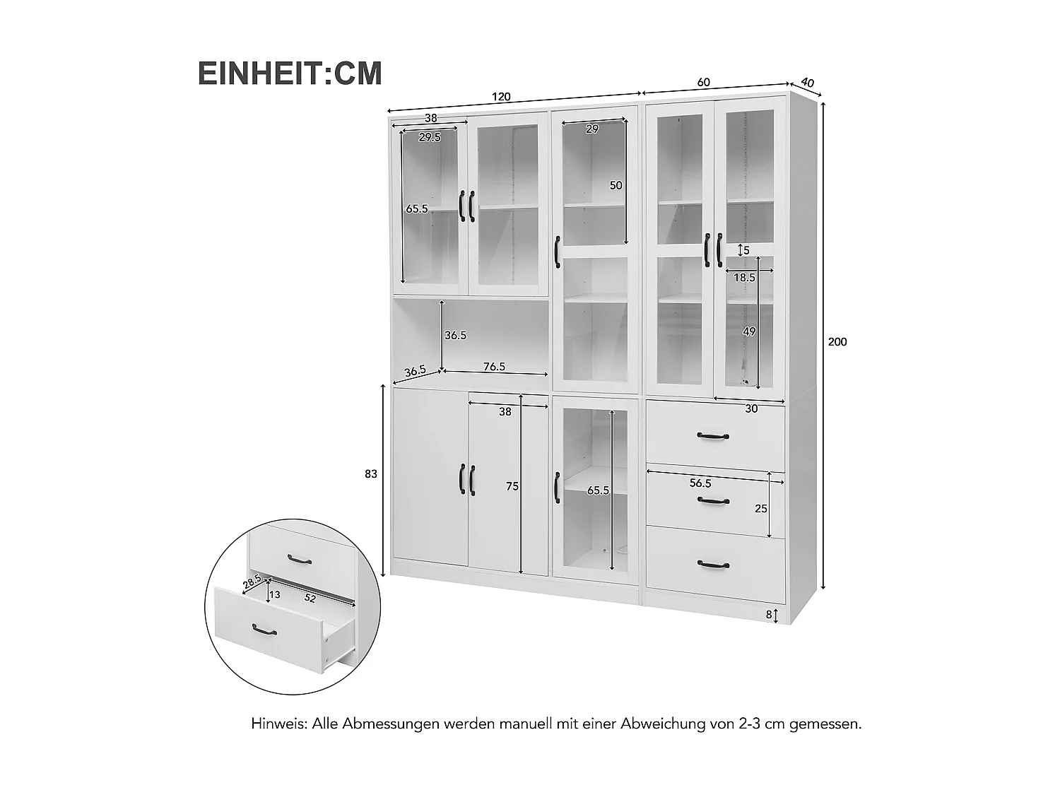 Moderne gecombineerde vitrinekast met 8 deuren en 3 laden - LED's - MDF hout - wit gelakt - 180 x 40 x 200 cm