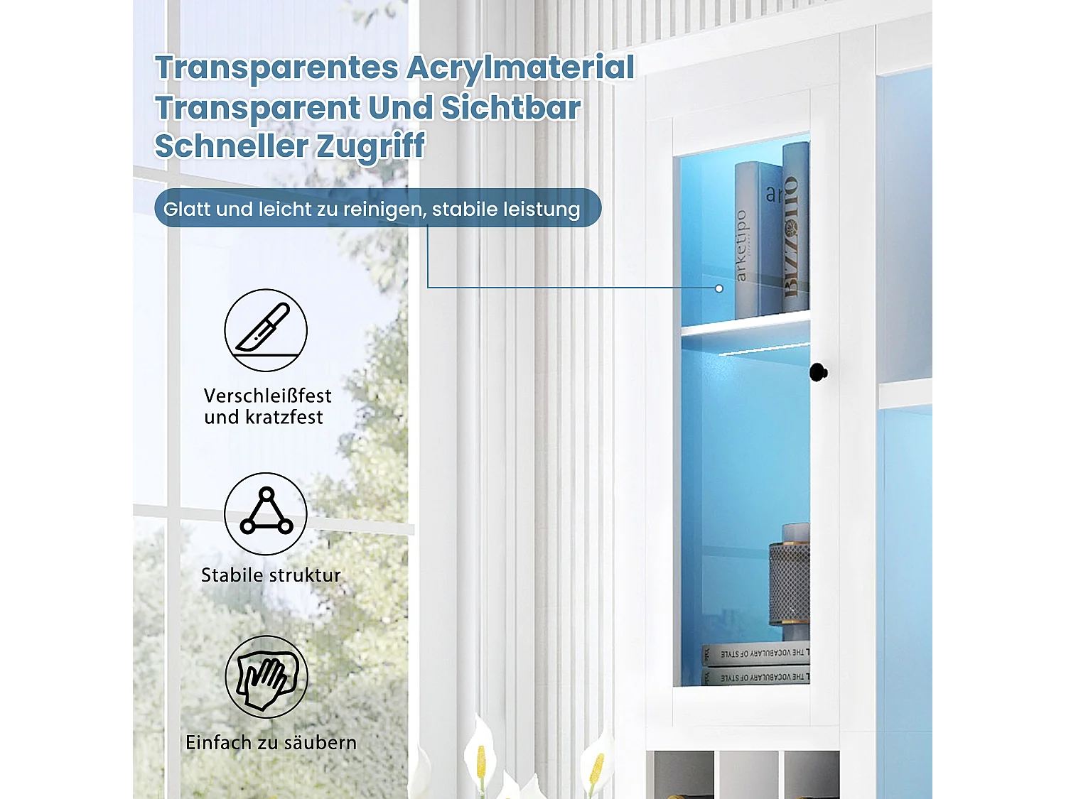 Vitrine mit 3 Türen, 2 Schubladen und Ablageflächen – LEDs – Spanplatte – Weiß – 143 x 45,5 x 170 cm