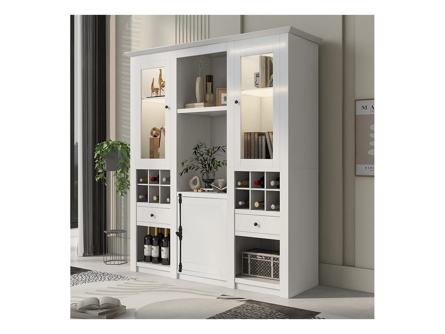 Vitrine avec 3 portes, 2 tiroirs et étagères de rangement - LEDs - Panneaux de particules - Blanc - 143 x 45.5 x 170 cm
