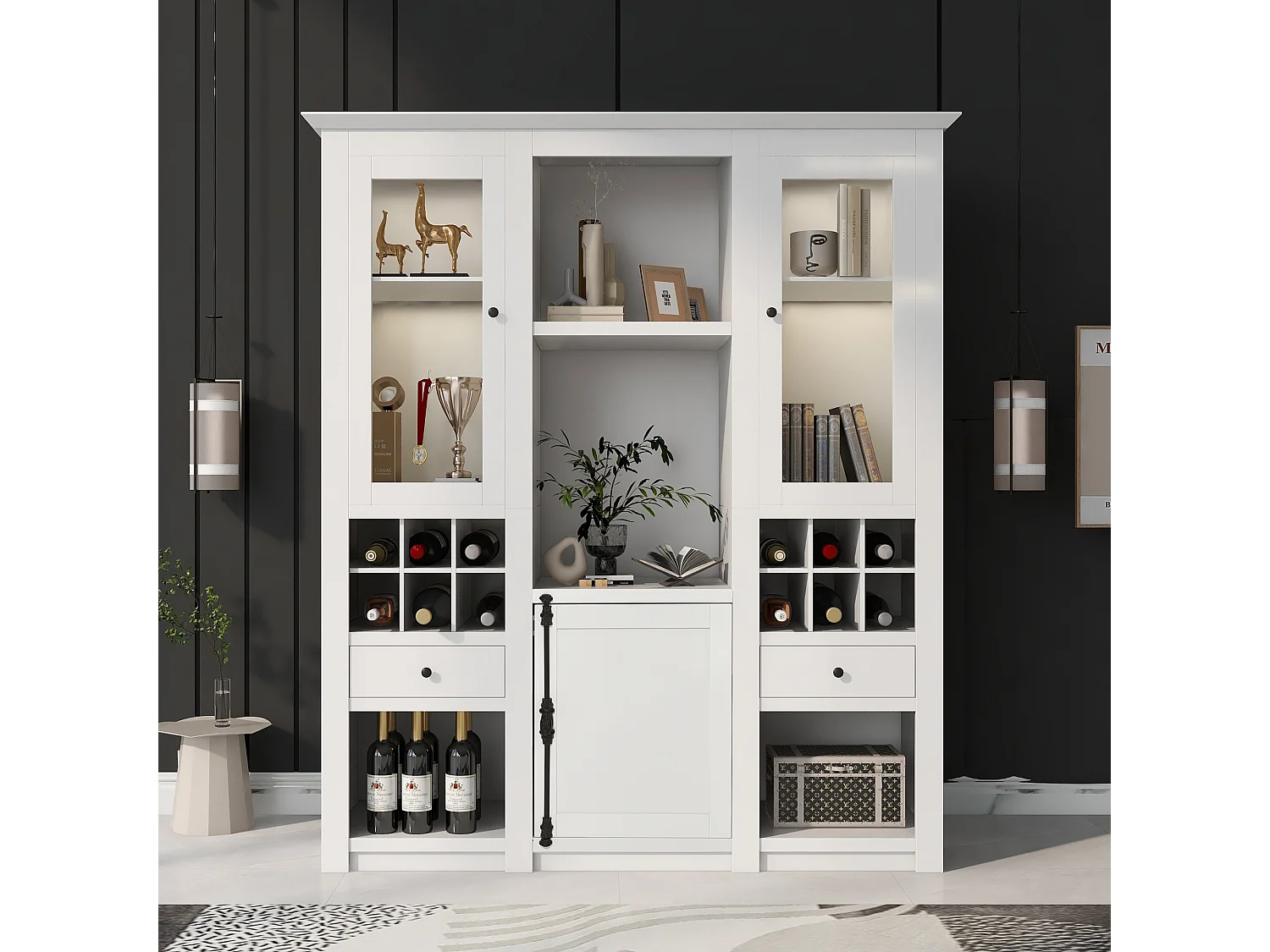 Vitrine met 3 deuren, 2 laden en opbergplanken - LED's - Spaanplaat - Wit - 143 x 45,5 x 170 cm