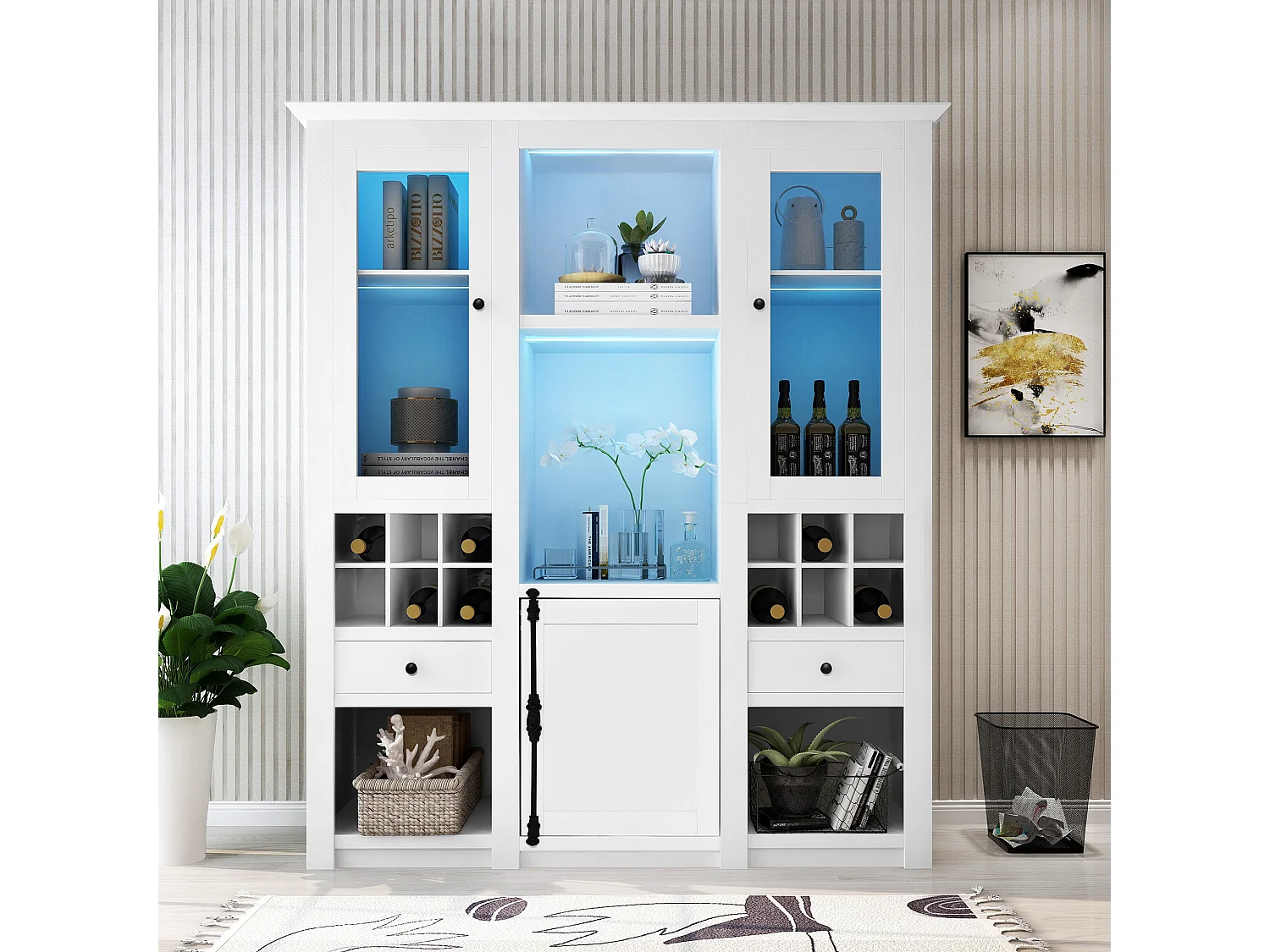 Vitrine met 3 deuren, 2 laden en opbergplanken - LED's - Spaanplaat - Wit - 143 x 45,5 x 170 cm