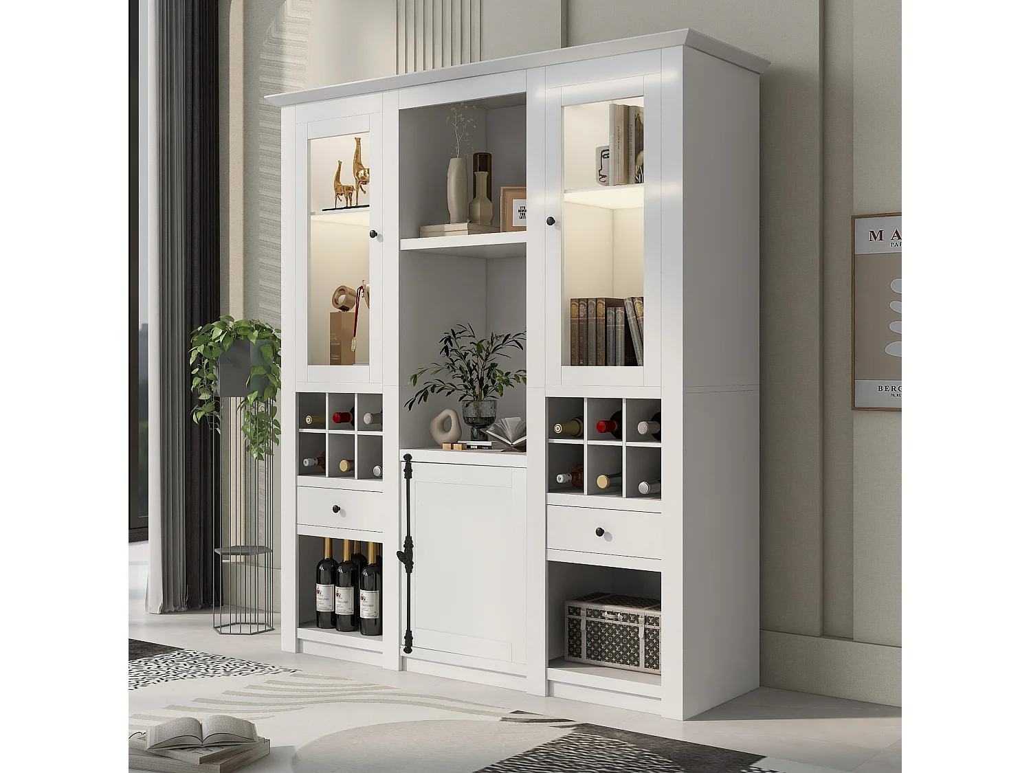 Vitrine avec 3 portes, 2 tiroirs et étagères de rangement - LEDs - Panneaux de particules - Blanc - 143 x 45.5 x 170 cm