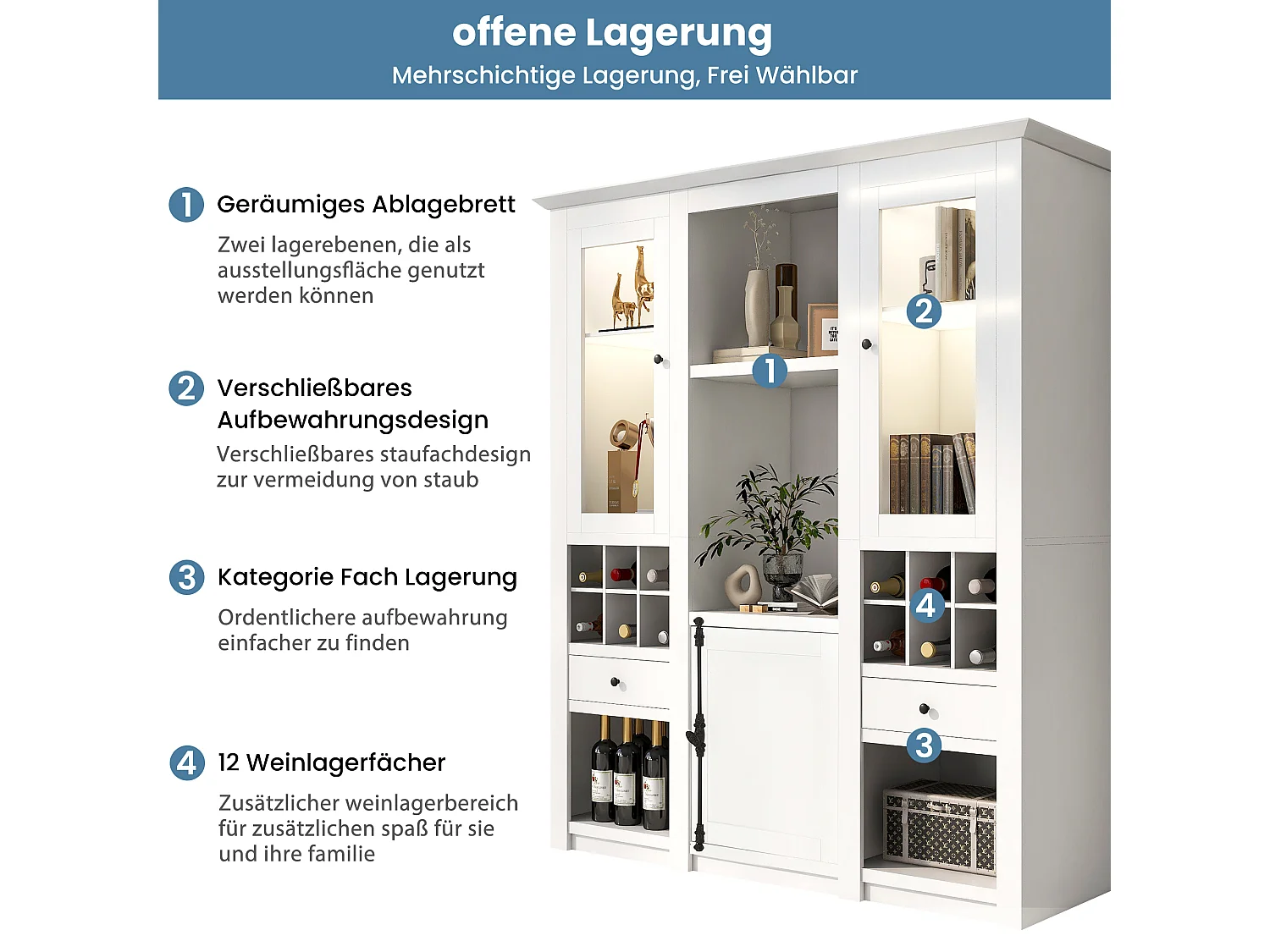 Vitrine avec 3 portes, 2 tiroirs et étagères de rangement - LEDs - Panneaux de particules - Blanc - 143 x 45.5 x 170 cm