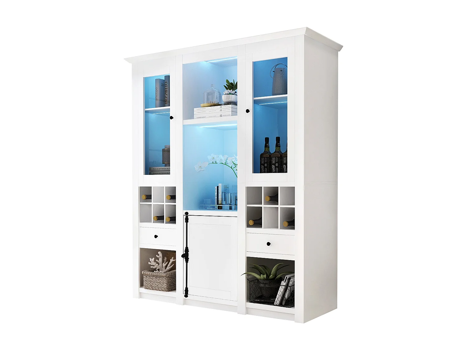 Vitrine avec 3 portes, 2 tiroirs et étagères de rangement - LEDs - Panneaux de particules - Blanc - 143 x 45.5 x 170 cm