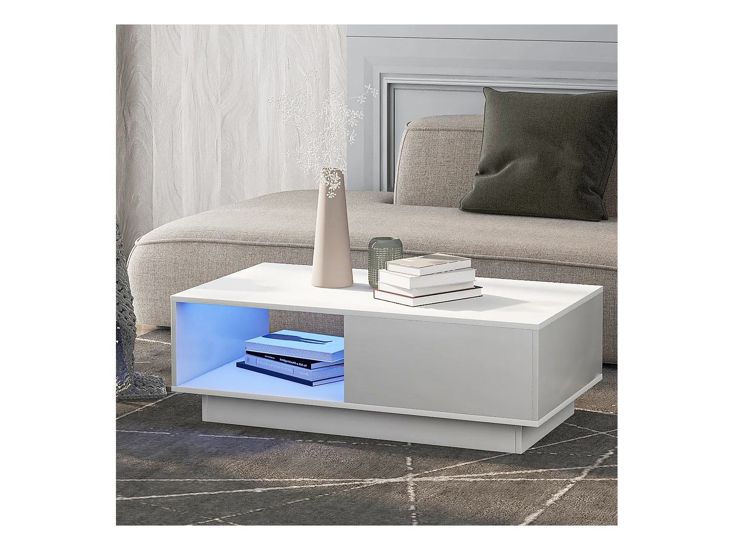 Table basse moderne, table de salon avec 1 tiroir et 1 compartiment, haute brillance, LEDs, bois MDF, blanc