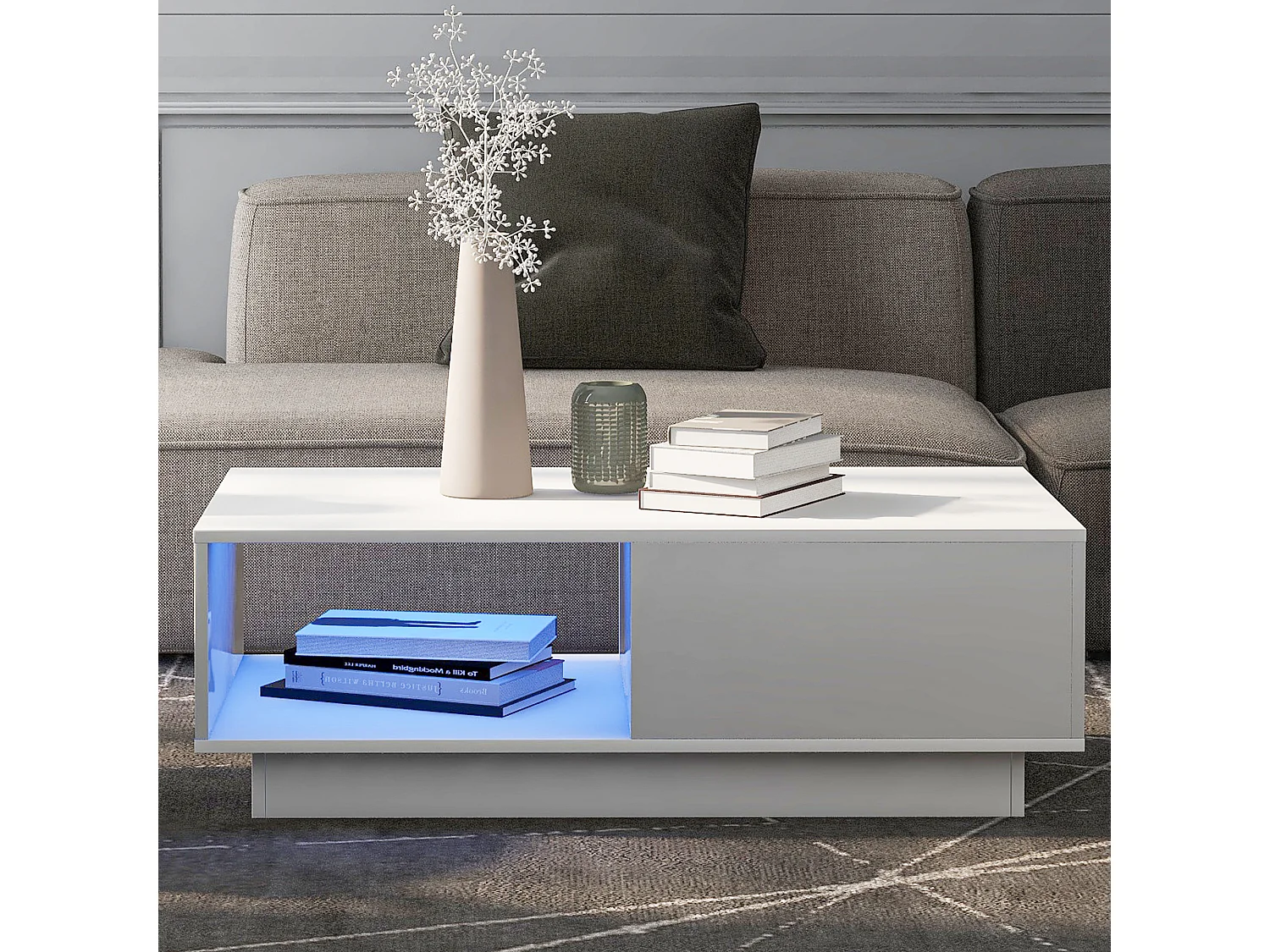 Table basse moderne, table de salon avec 1 tiroir et 1 compartiment, haute brillance, LEDs, bois MDF, blanc