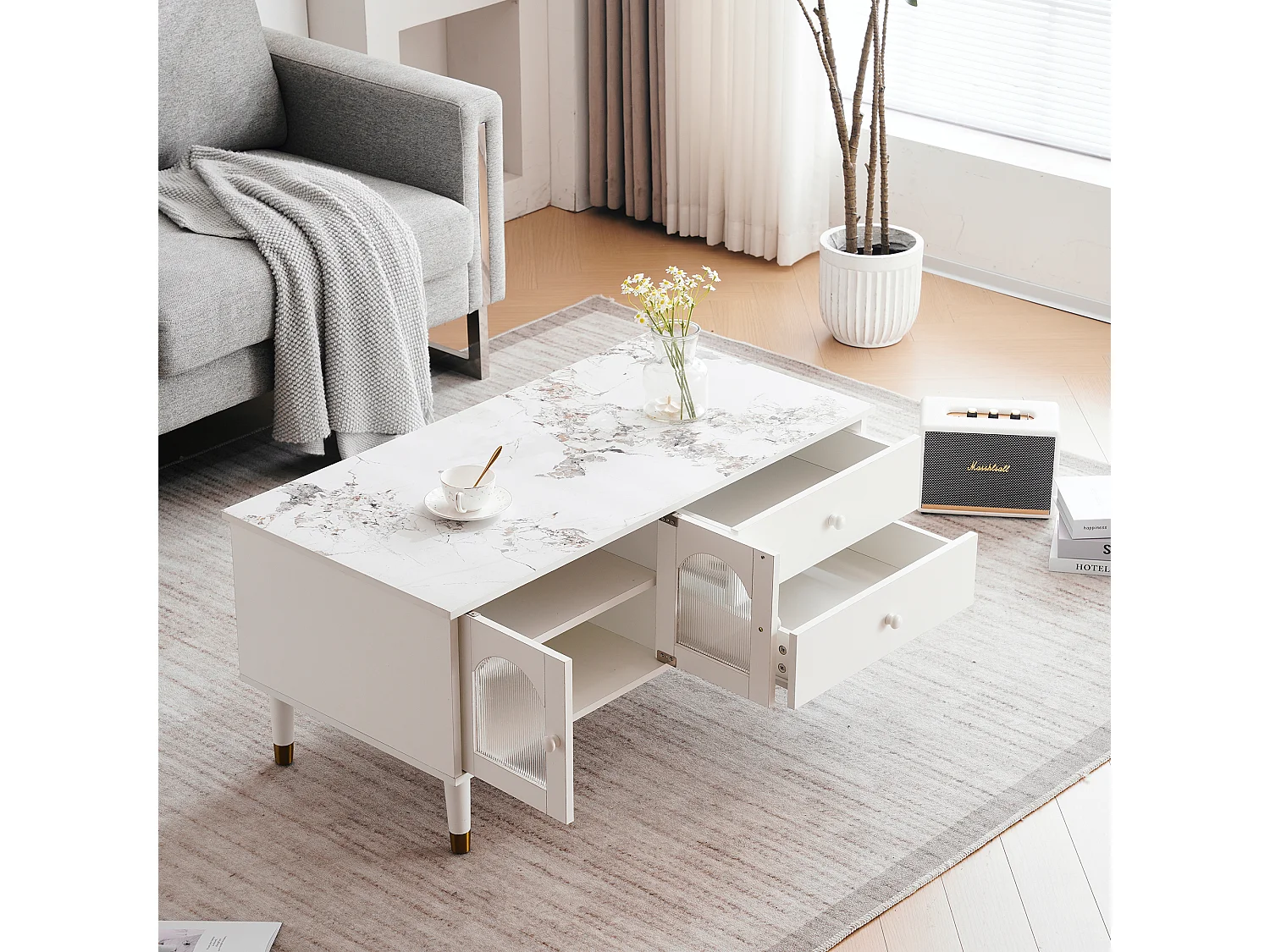 Table basse avec 2 portes 2 tiroirs, bois MDF, plateau marbré, style élégant, blanc, 100 x 50 x 45.5 cm