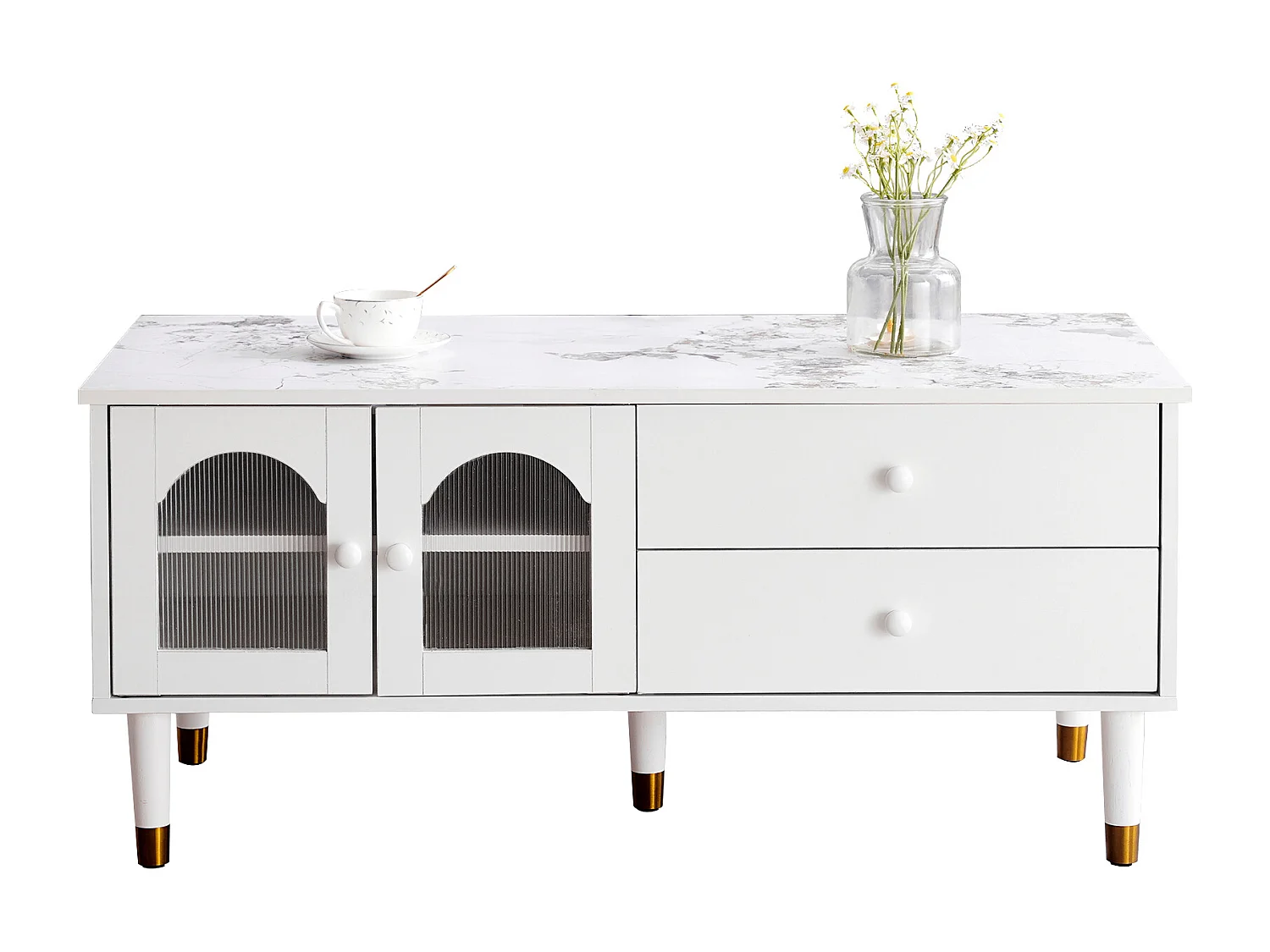 Table basse avec 2 portes 2 tiroirs, bois MDF, plateau marbré, style élégant, blanc, 100 x 50 x 45.5 cm