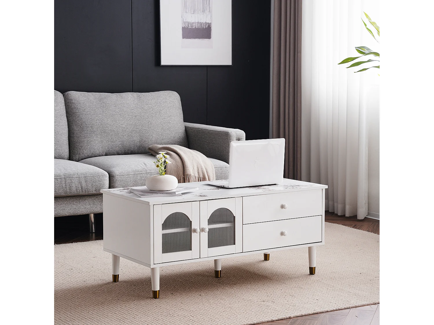 Table basse avec 2 portes 2 tiroirs, bois MDF, plateau marbré, style élégant, blanc, 100 x 50 x 45.5 cm