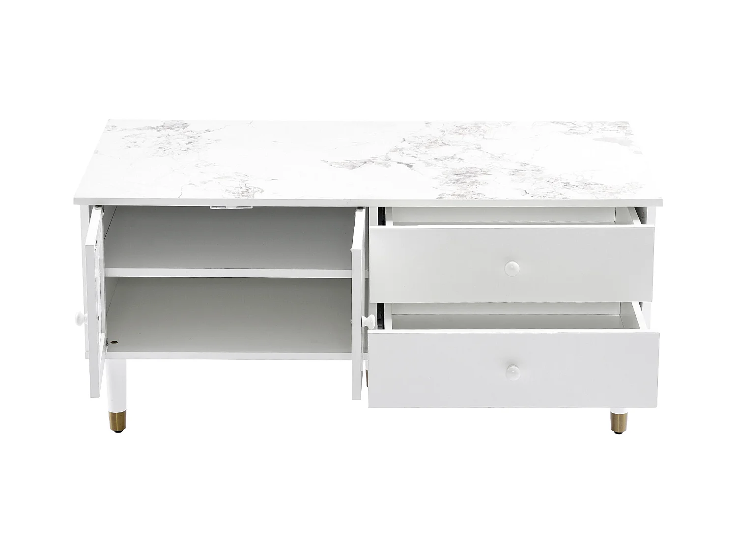 Table basse avec 2 portes 2 tiroirs, bois MDF, plateau marbré, style élégant, blanc, 100 x 50 x 45.5 cm