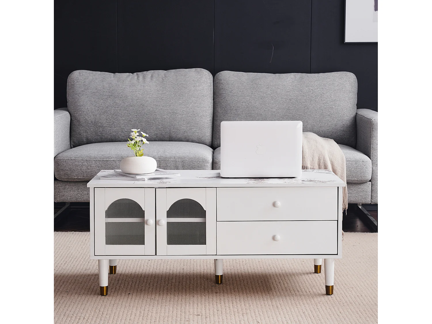 Table basse avec 2 portes 2 tiroirs, bois MDF, plateau marbré, style élégant, blanc, 100 x 50 x 45.5 cm