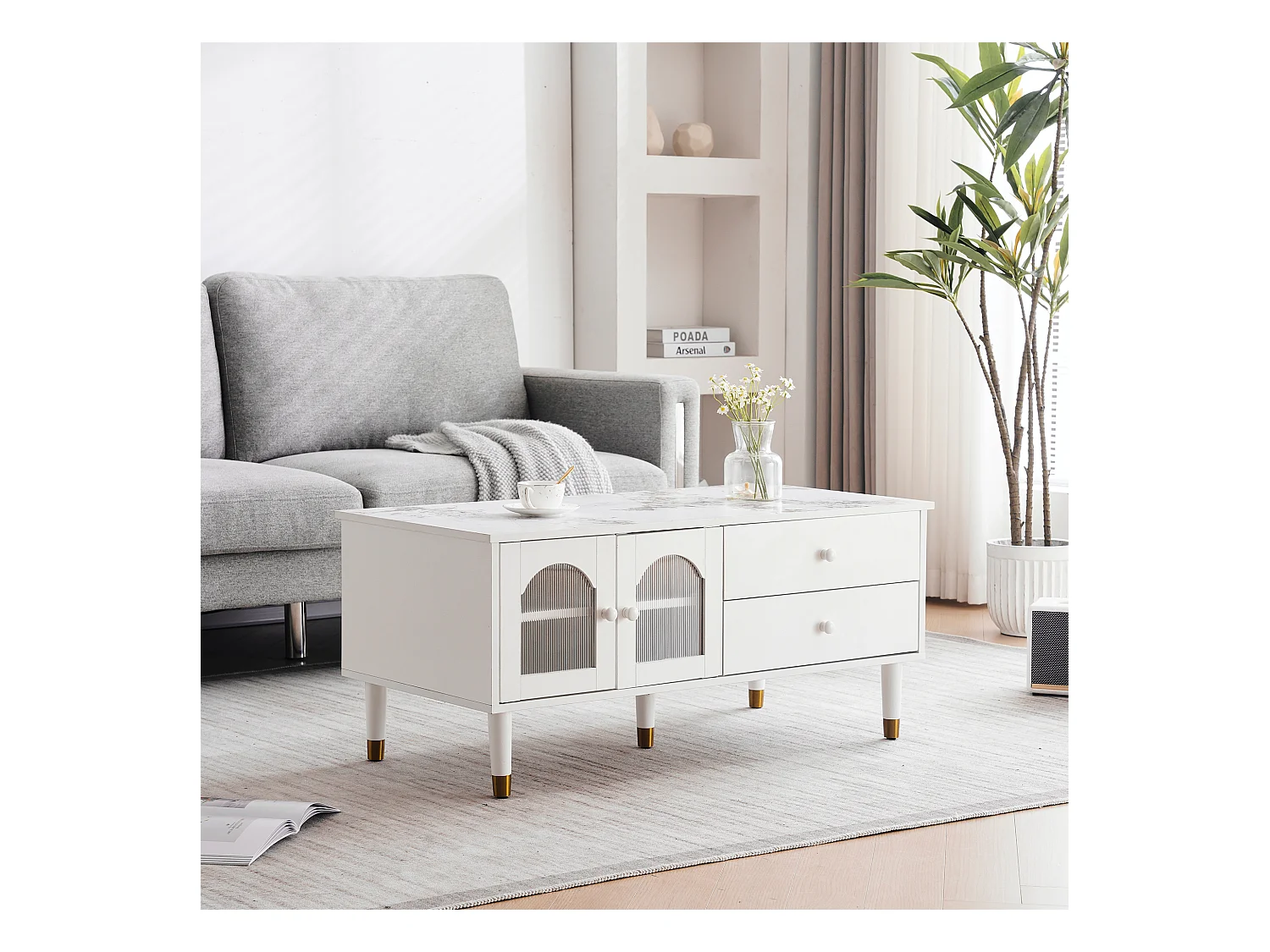 Salontafel met 2 deuren 2 laden, MDF-hout, gemarmerd blad, elegante stijl, wit, 100 x 50 x 45,5 cm