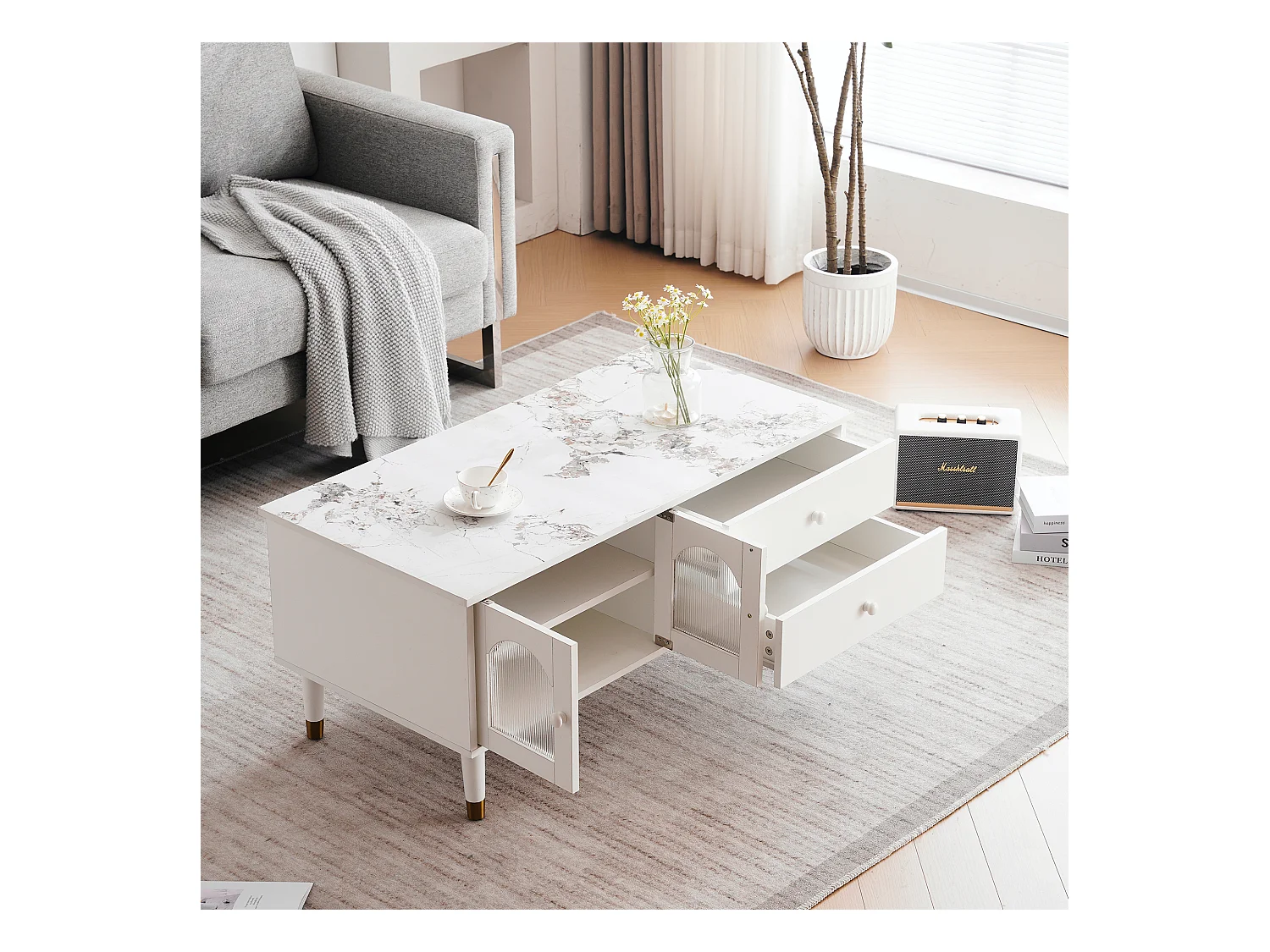 Salontafel met 2 deuren 2 laden, MDF-hout, gemarmerd blad, elegante stijl, wit, 100 x 50 x 45,5 cm