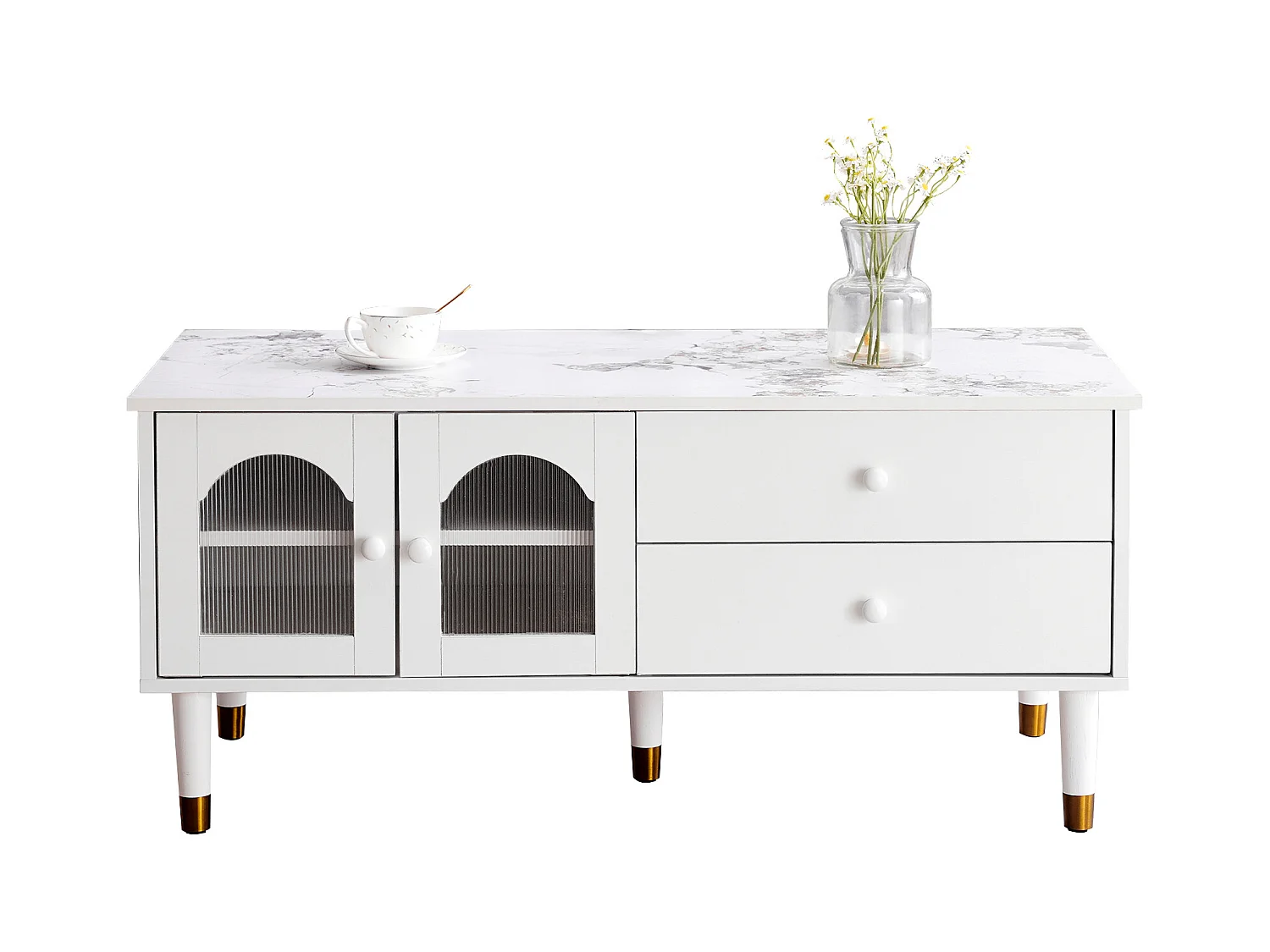 Salontafel met 2 deuren 2 laden, MDF-hout, gemarmerd blad, elegante stijl, wit, 100 x 50 x 45,5 cm